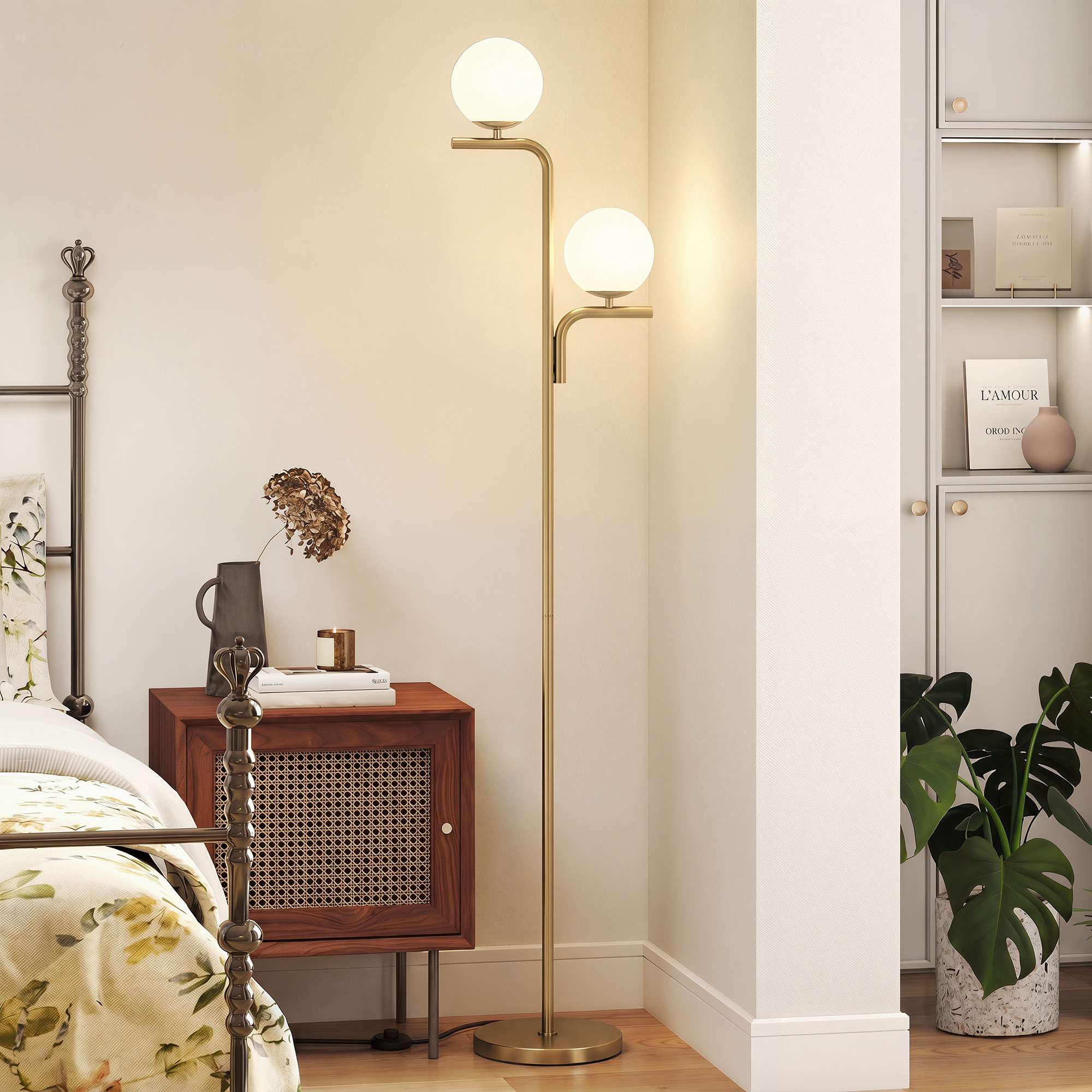LED-golvlampa, 3 färgtemperaturer, glaskulor, guld