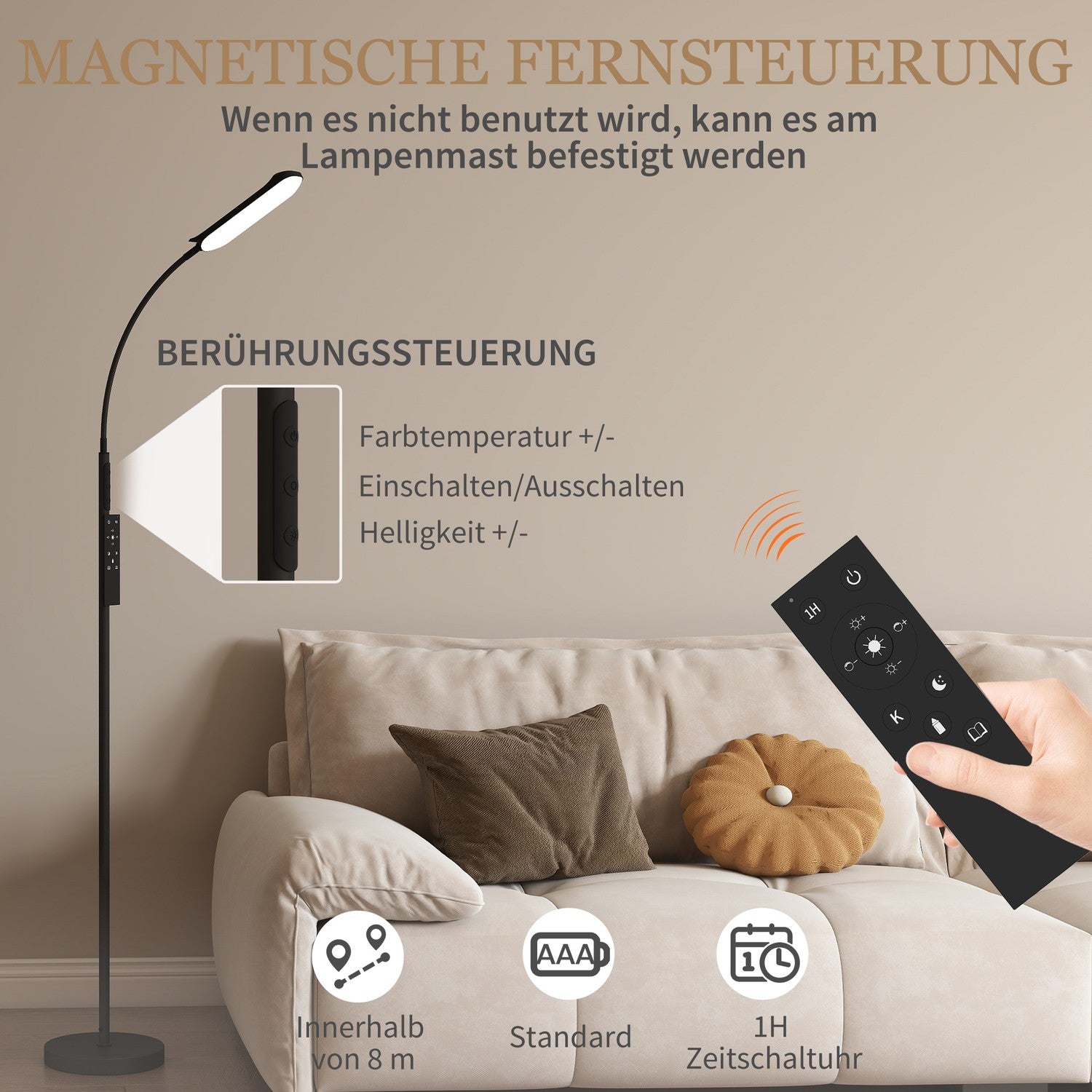 LED-golvlampa, 5 lägen, minnesfunktion, justerbar ljusstyrka, stål, svart