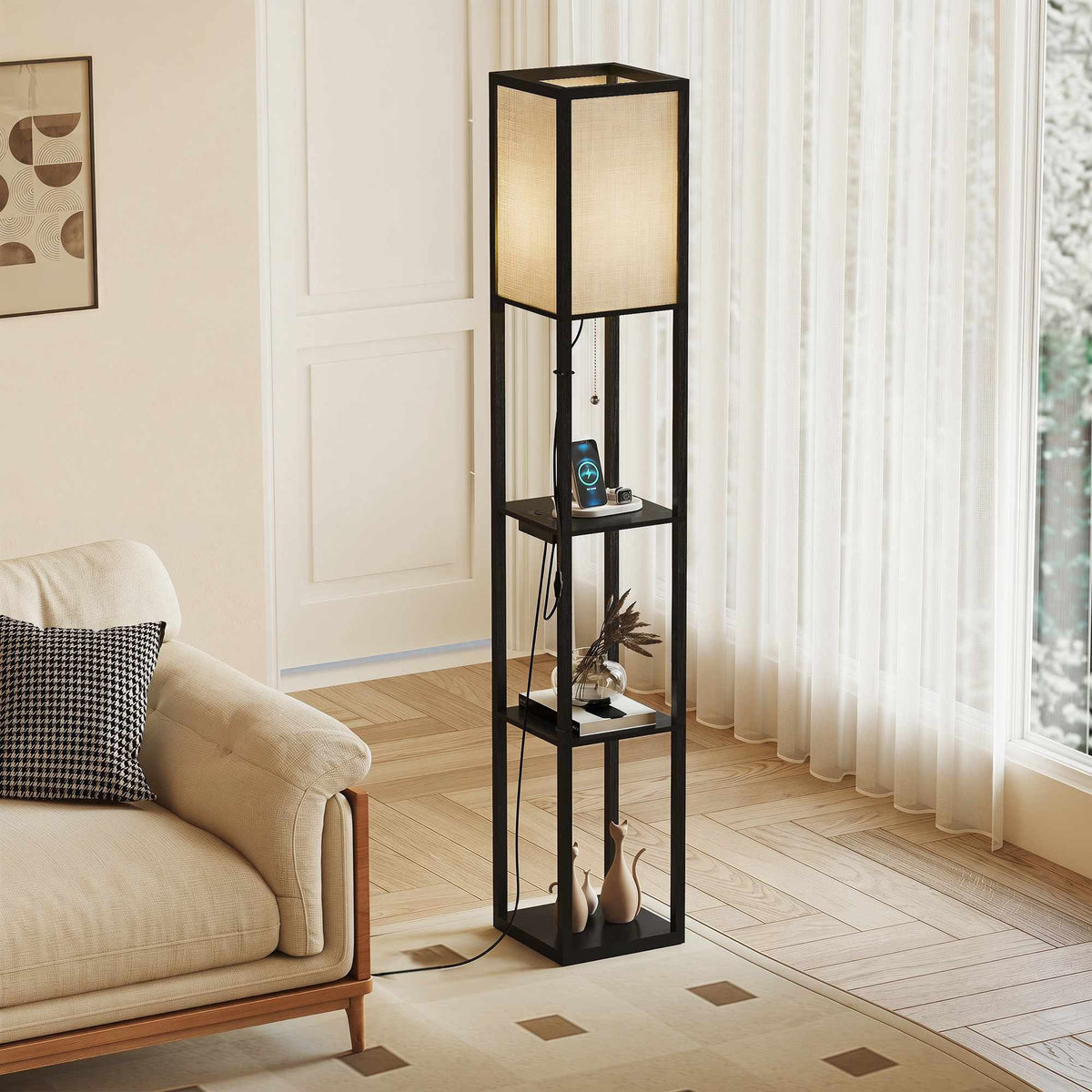 LED-golvlampa med 3 hyllor, dimbar, USB, uttag, svart