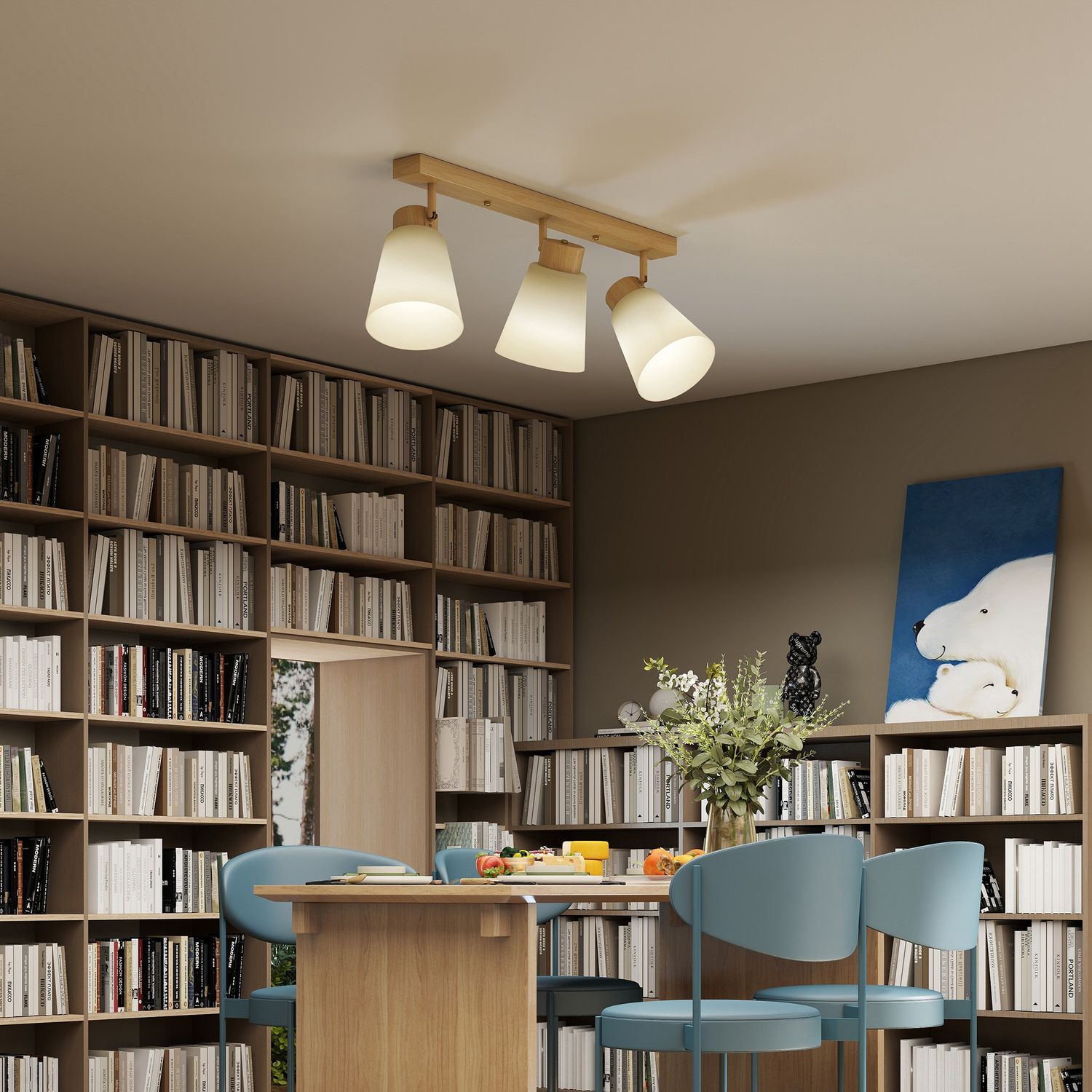 LED-taklampa, 40W, justerbara lamphuvuden, E27-sockel, träfinish