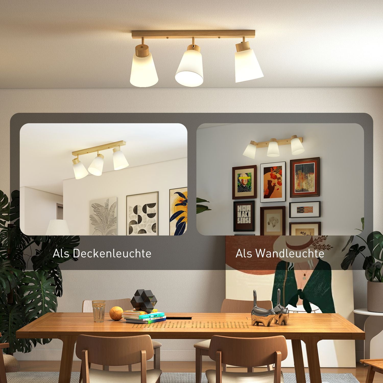 LED-taklampa, 40W, justerbara lamphuvuden, E27-sockel, träfinish
