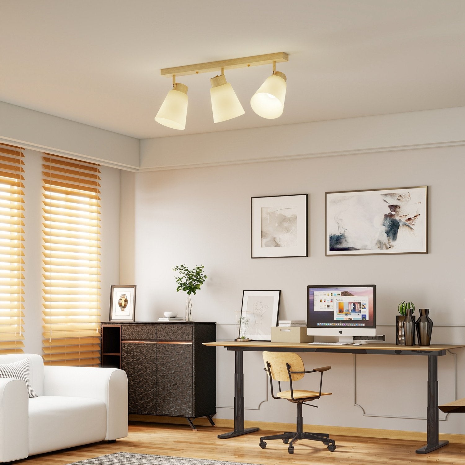 LED-taklampa, 40W, justerbara lamphuvuden, E27-sockel, träfinish