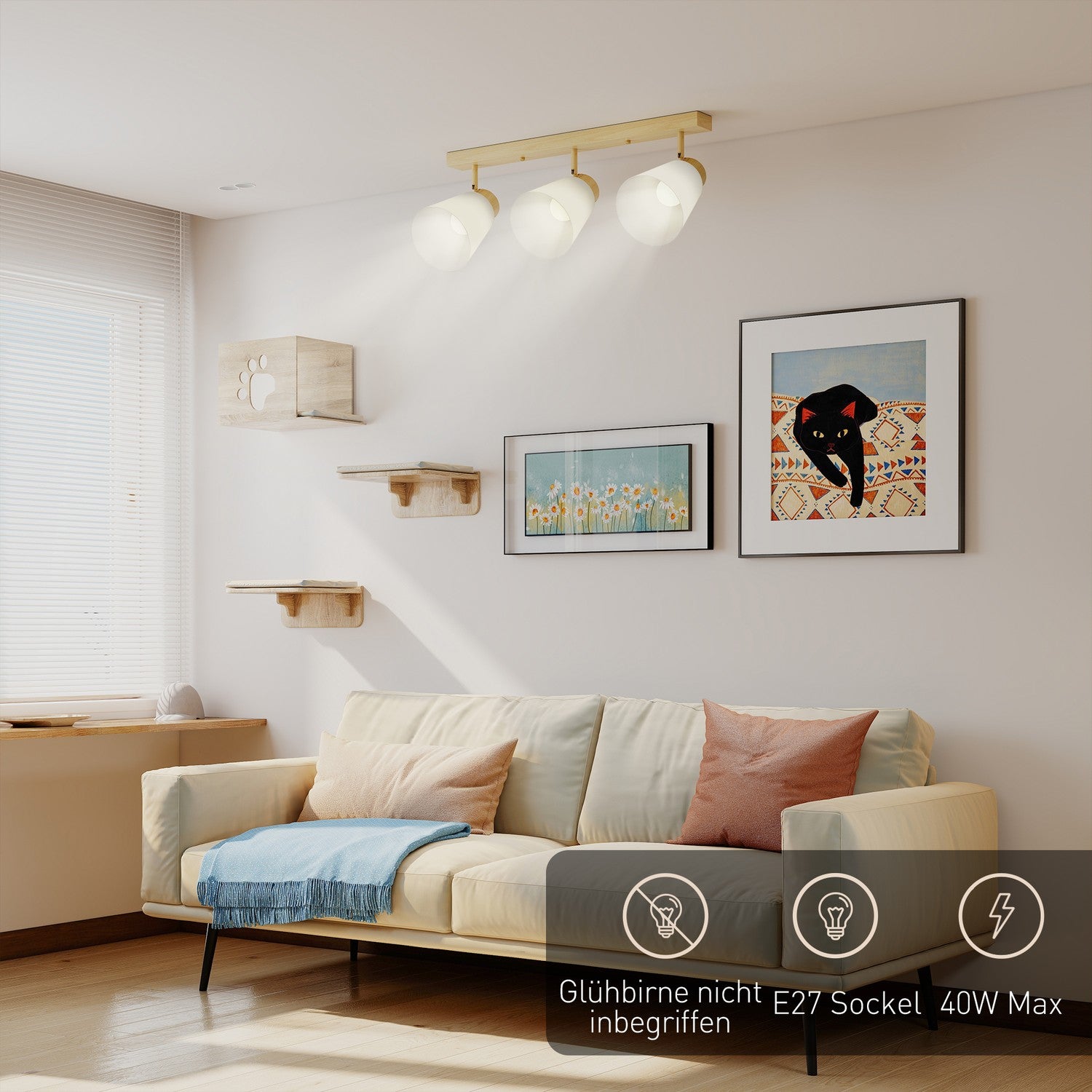 LED-taklampa, 40W, justerbara lamphuvuden, E27-sockel, träfinish