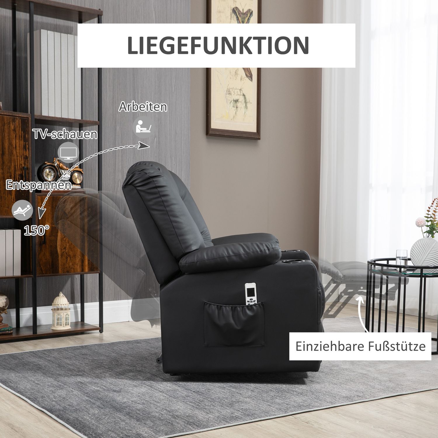 Liggande massagestol, USB & Fjärrkontroll, 150 kg Kapacitet, Svart