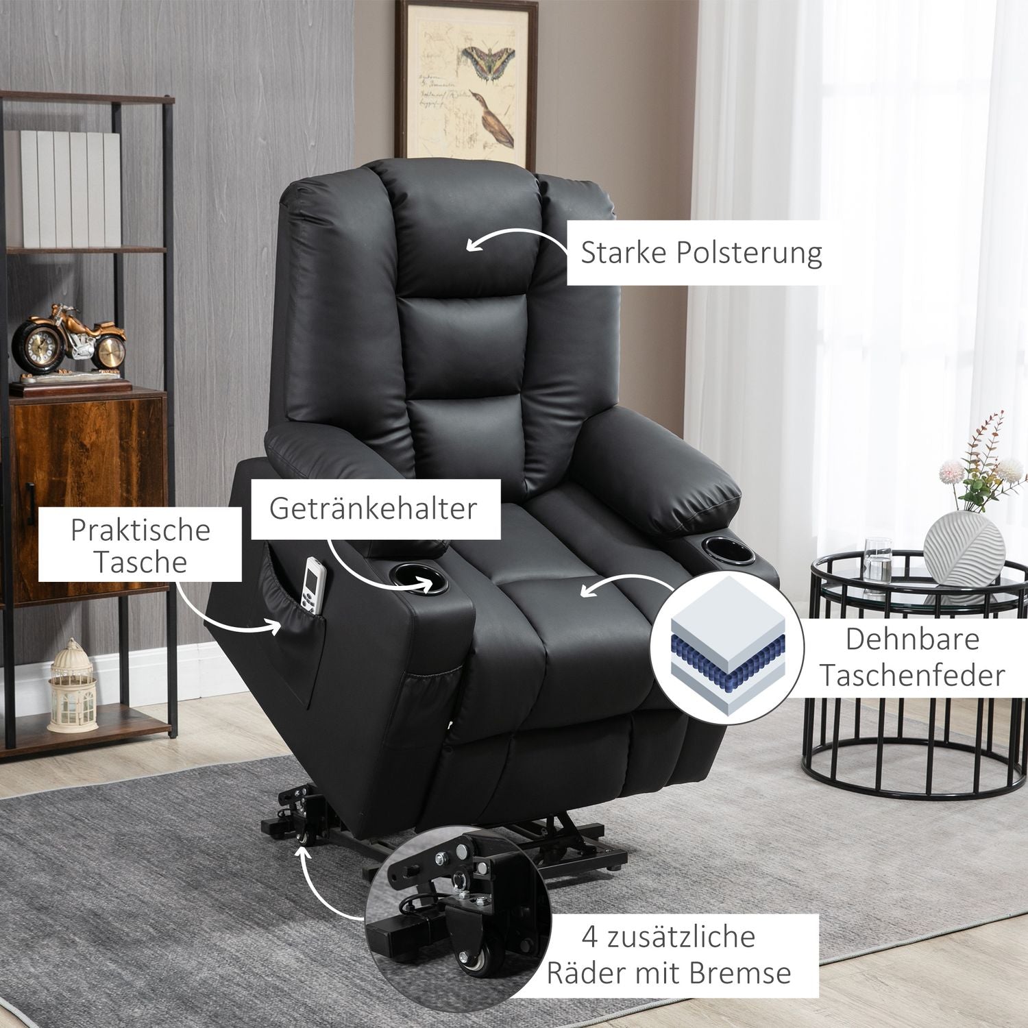 Liggande massagestol, USB & Fjärrkontroll, 150 kg Kapacitet, Svart