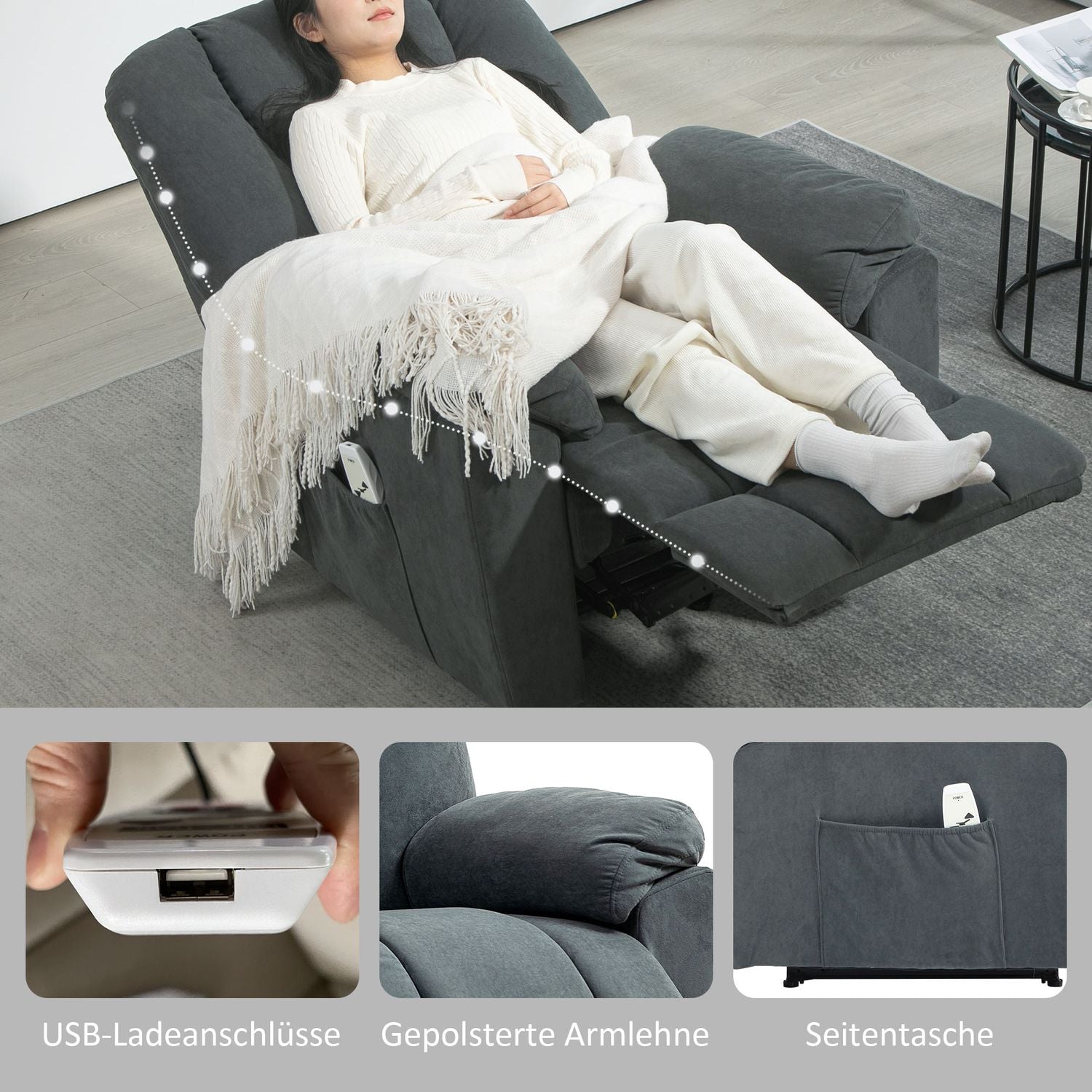 Liggande massagestol m/ värme & USB, mörkgrå