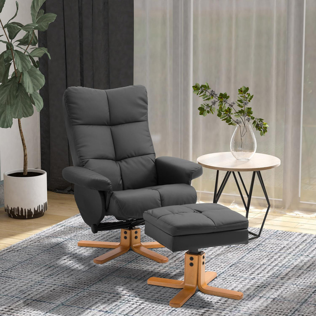 Sdraio con pouf, girevole 360°, similpelle PU nera