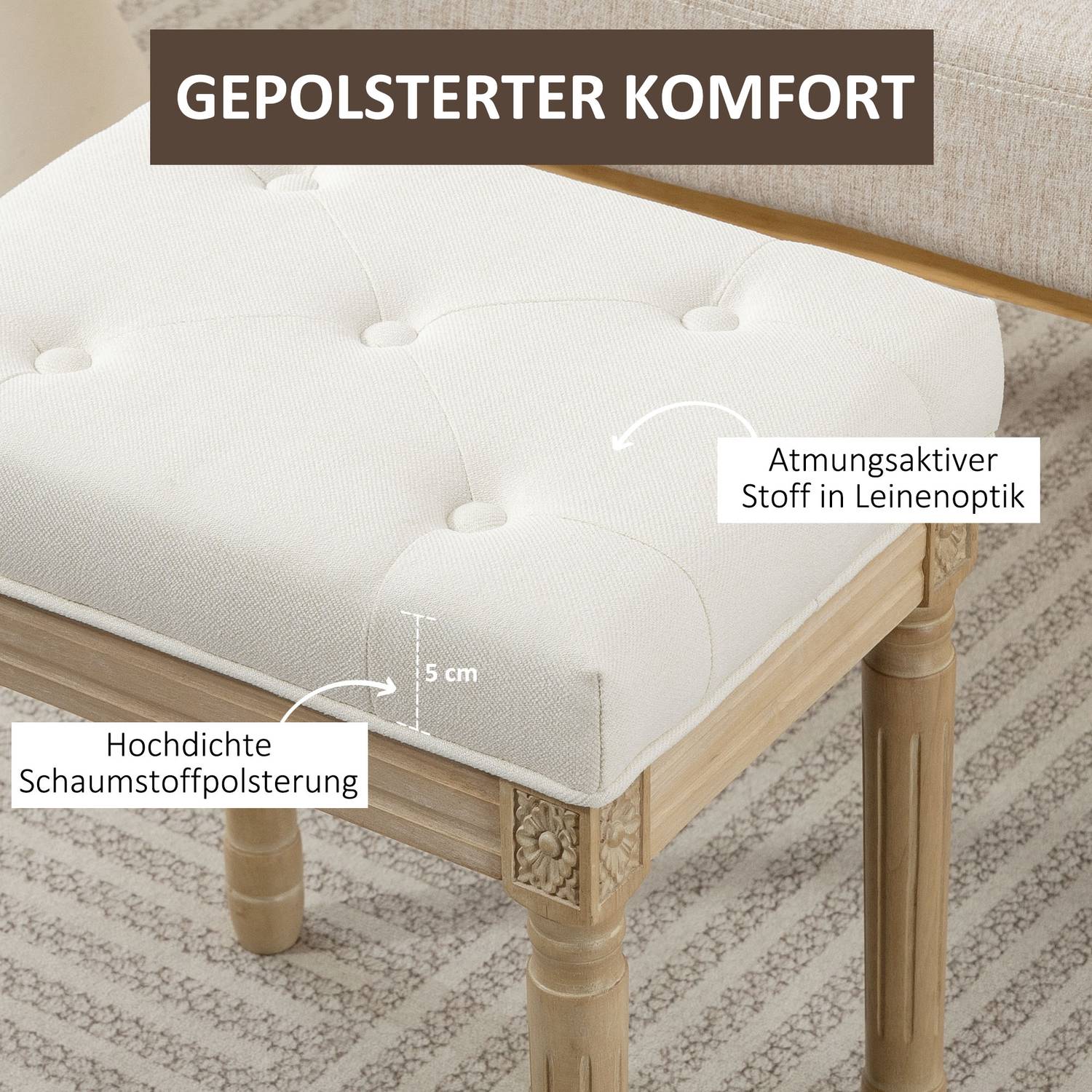 Linnefotbänk, stoppad sits, träben, 42x32x46,5 cm, beige