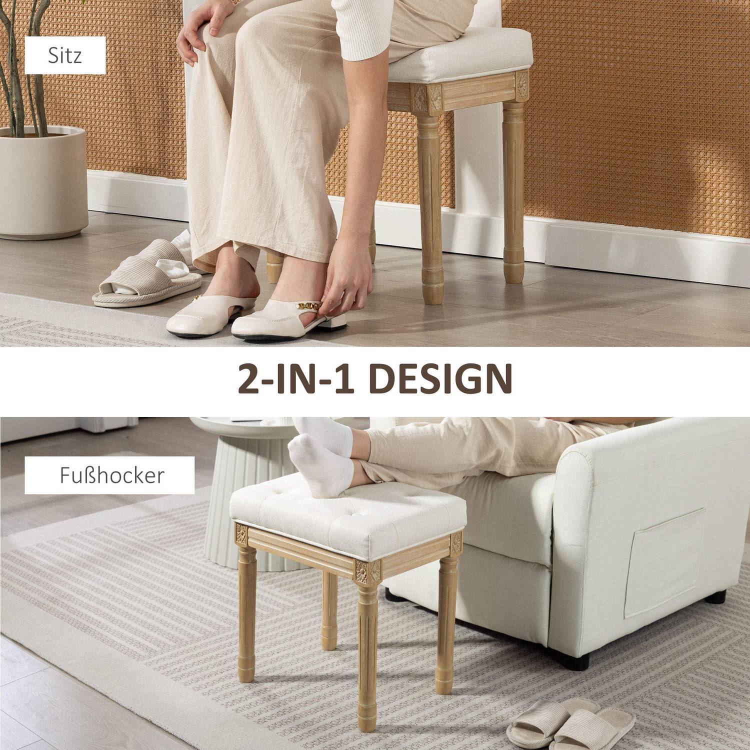 Linnefotbänk, stoppad sits, träben, 42x32x46,5 cm, beige