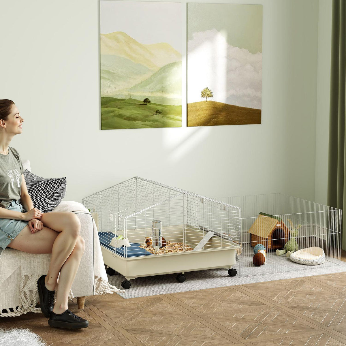 Petite cage pour animaux avec parc, roulettes et accessoires