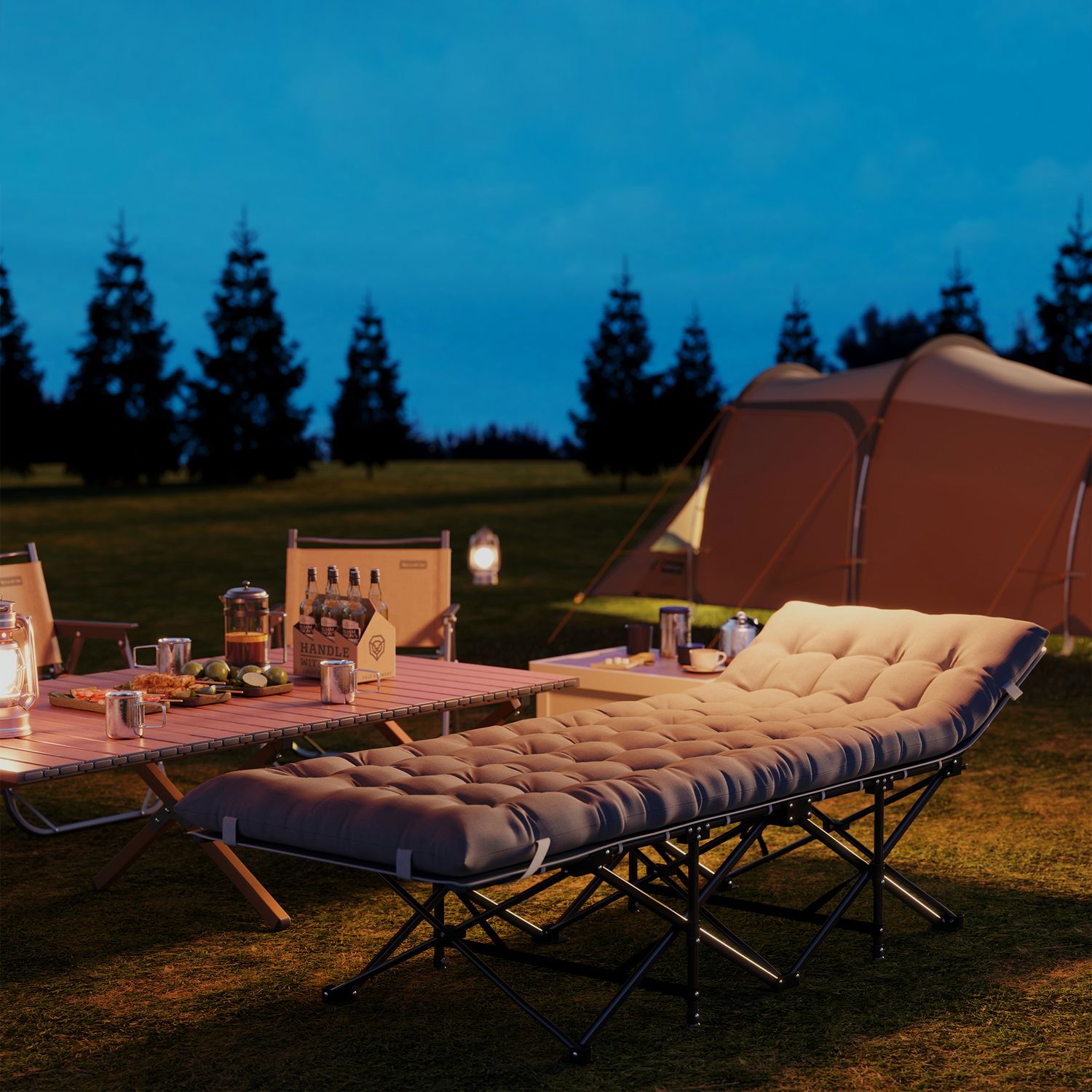 Ljusgrå hopfällbar campingsäng med madrass och kudde, 150 kg kapacitet