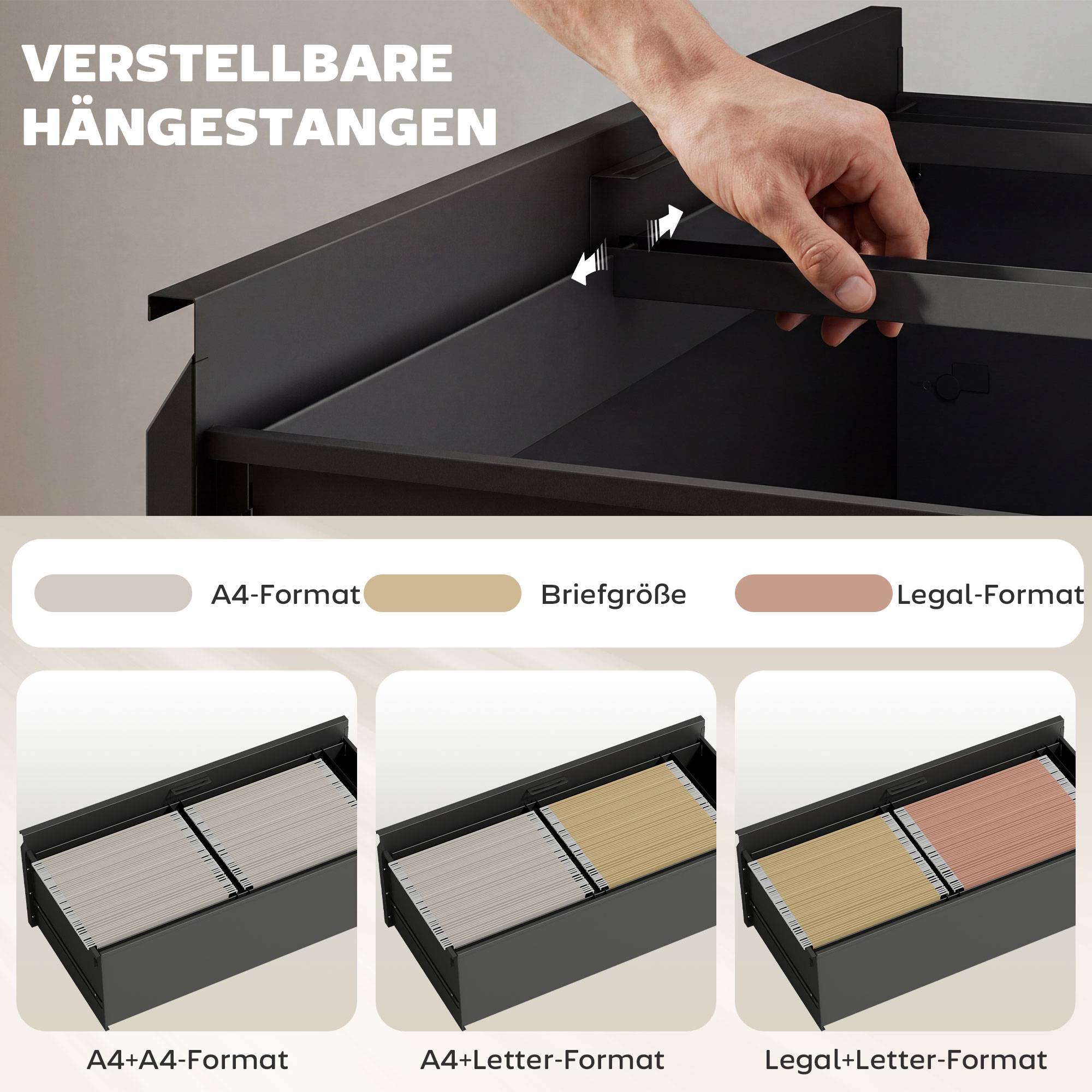 Låsbart arkivskåp med 2 lådor, justerbara skenor, svart