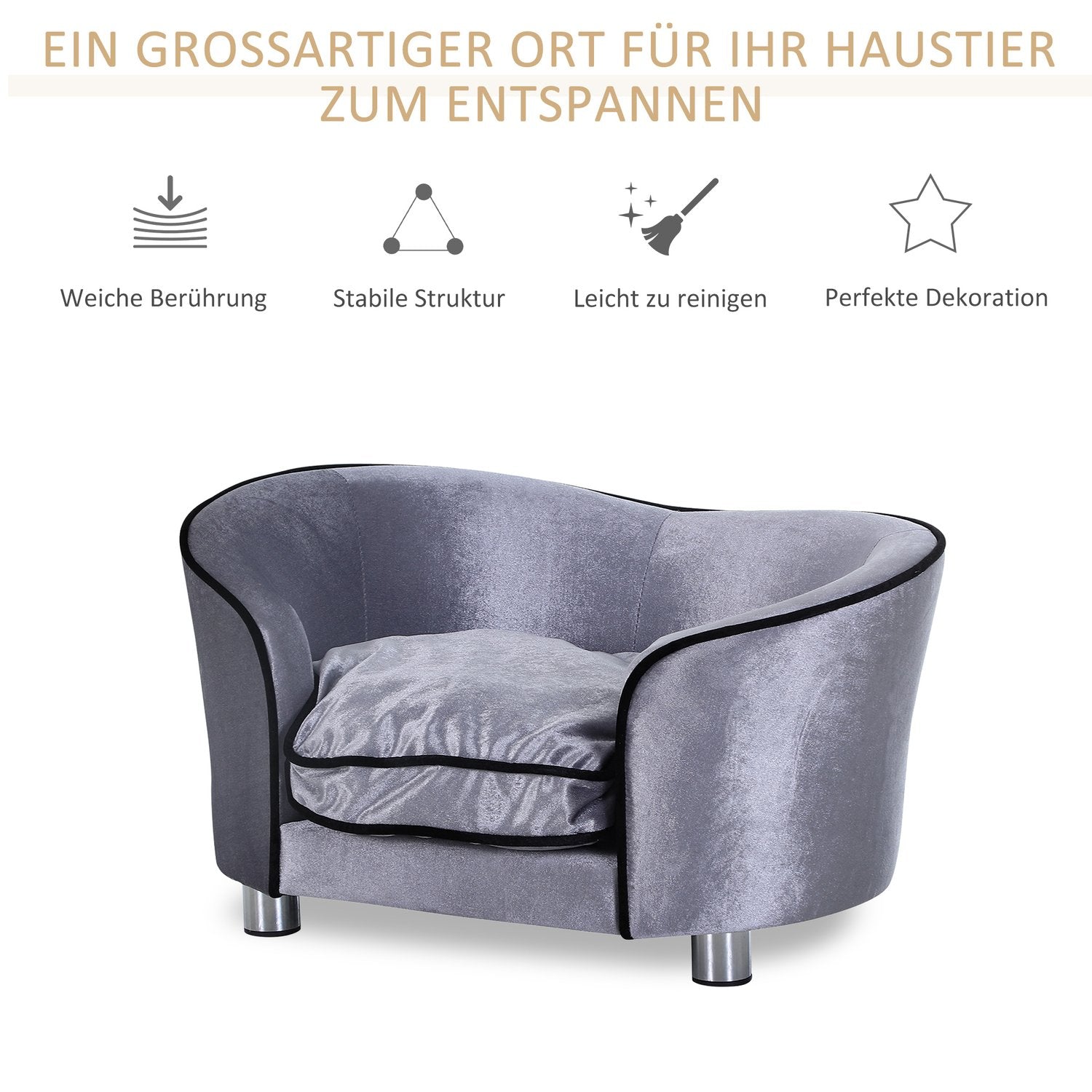 Lyxig plysch soffa för husdjur med kudde, grå – 69x49x38 cm