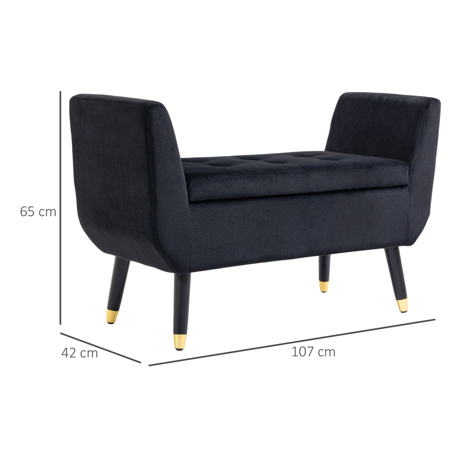 Lyxklädd svart bänk med förvaring – sammetslen, 107cm