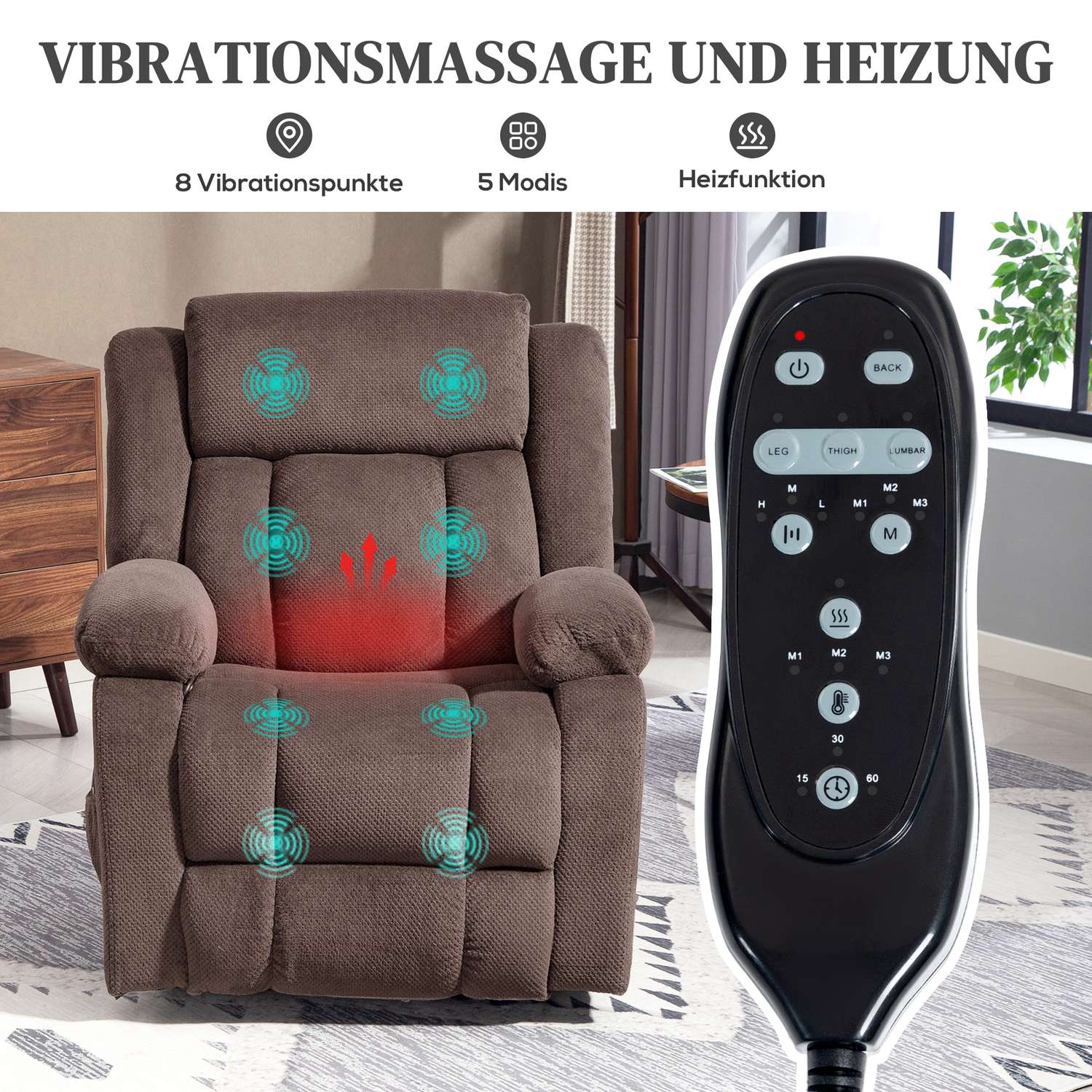 Massagefåtölj, 8 vibrationspunkter, 5 lägen, uppvärmd, brun