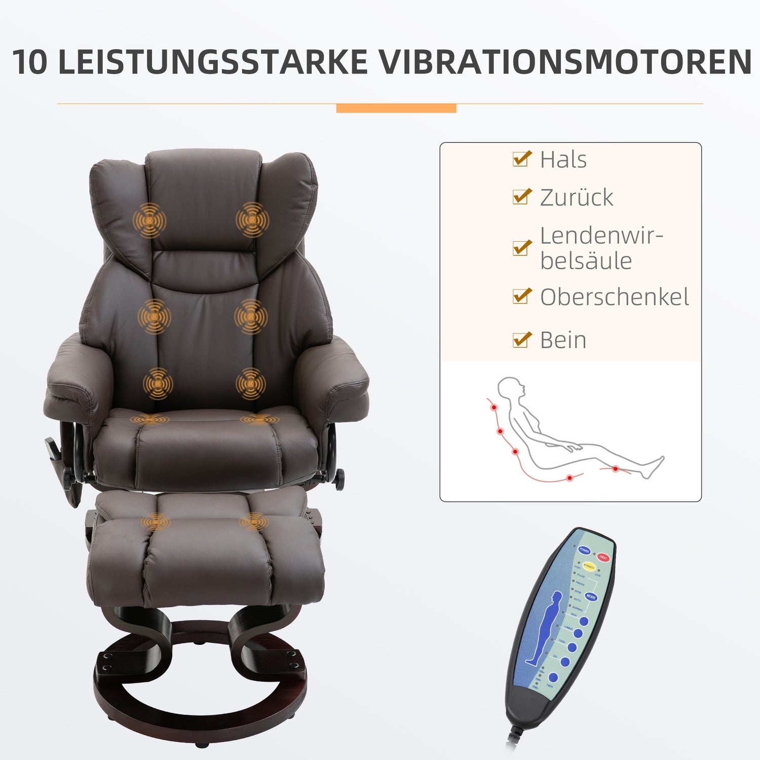 Massagefåtölj med fotpall, konstläder, brun