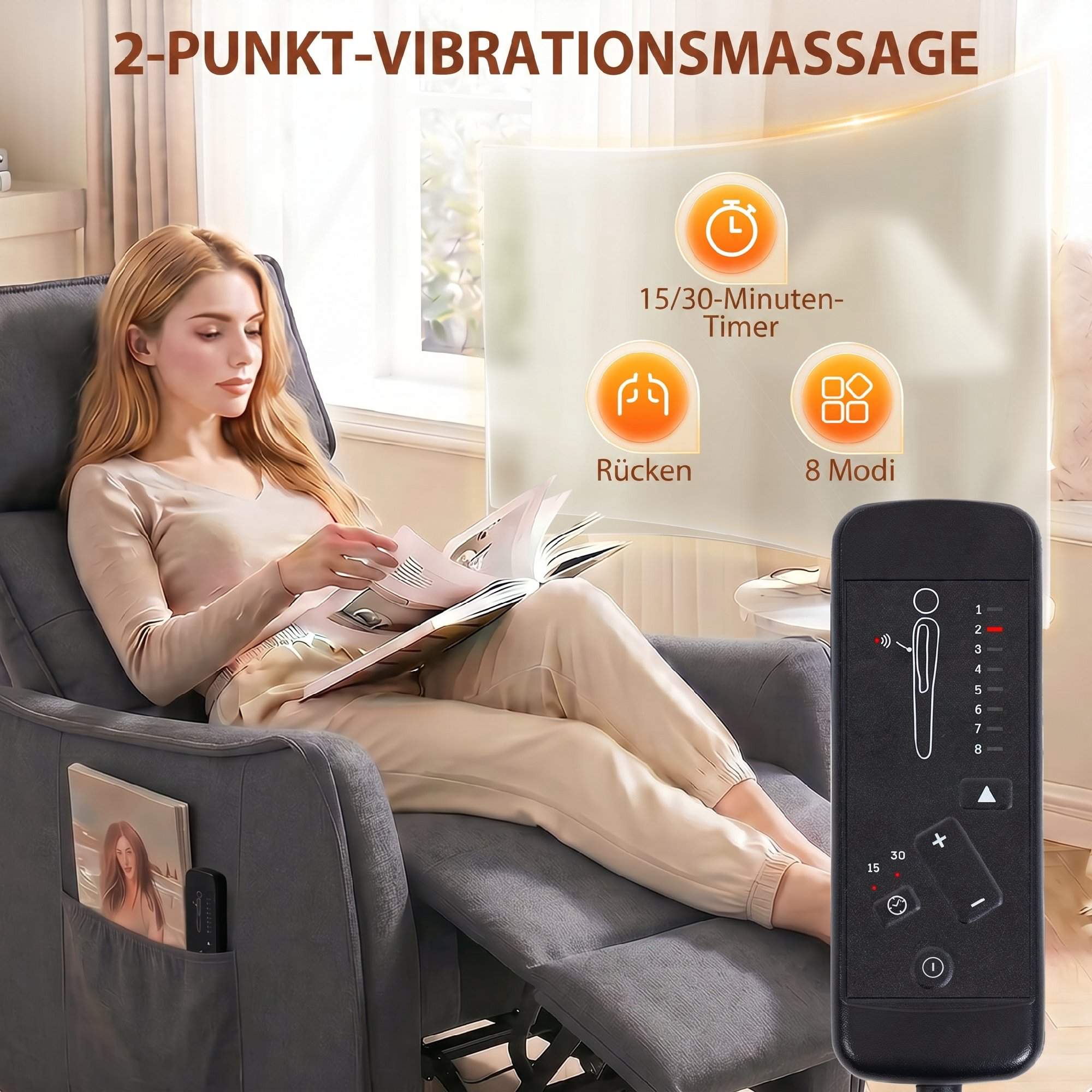 Massagefåtölj med fotstöd, 160 graders lutning, grå