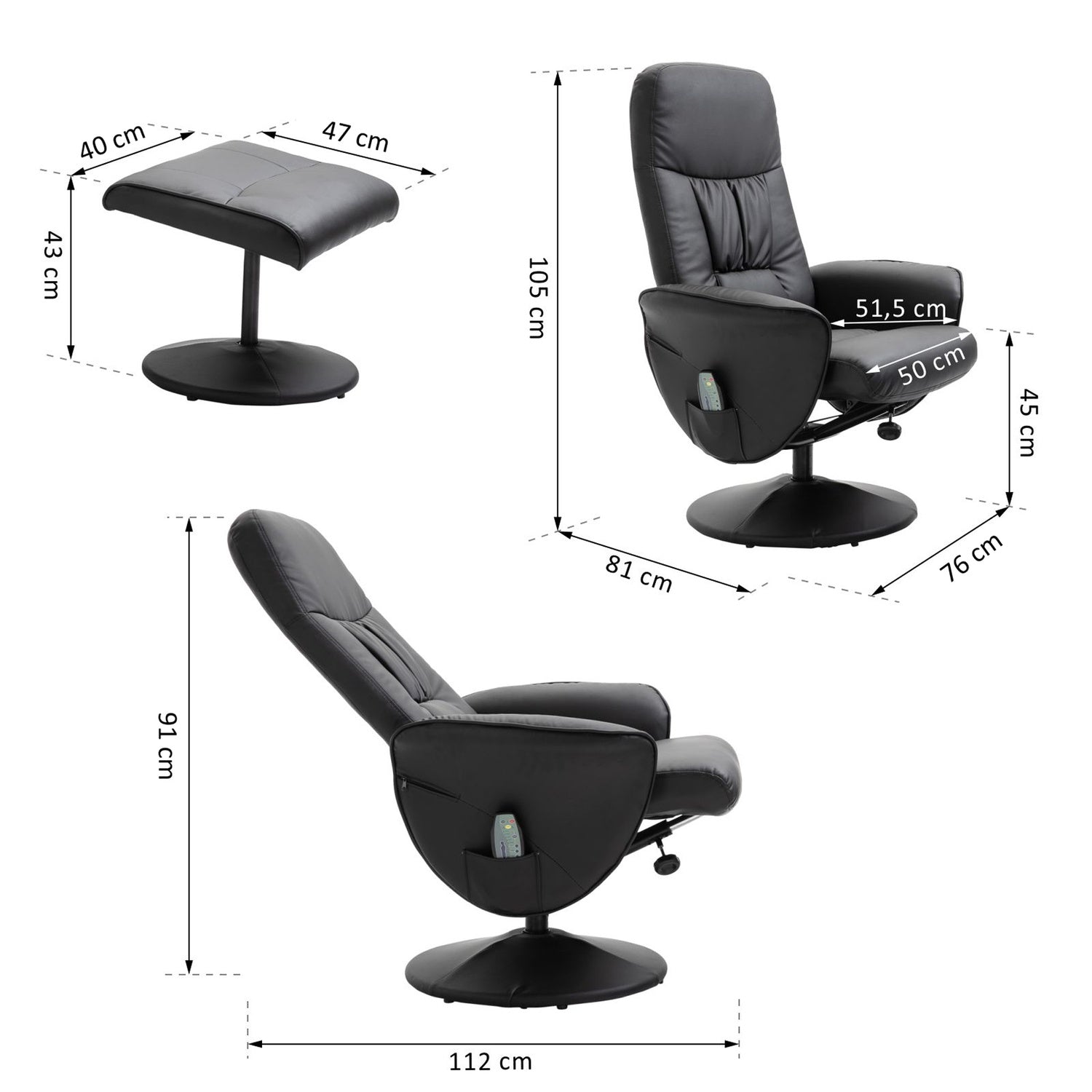 Massagefåtölj med ottoman; Svart konstläder