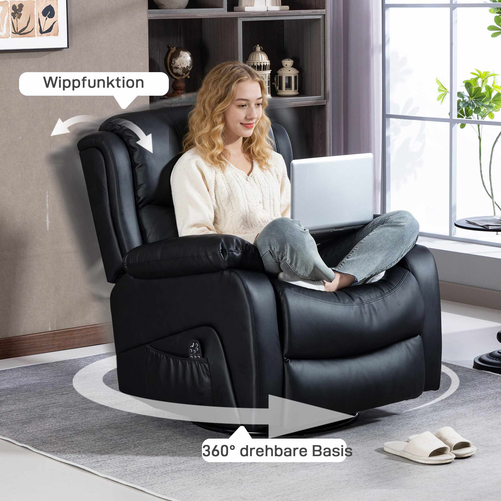 Massagefåtölj med värme, lutning, konstläder, svart