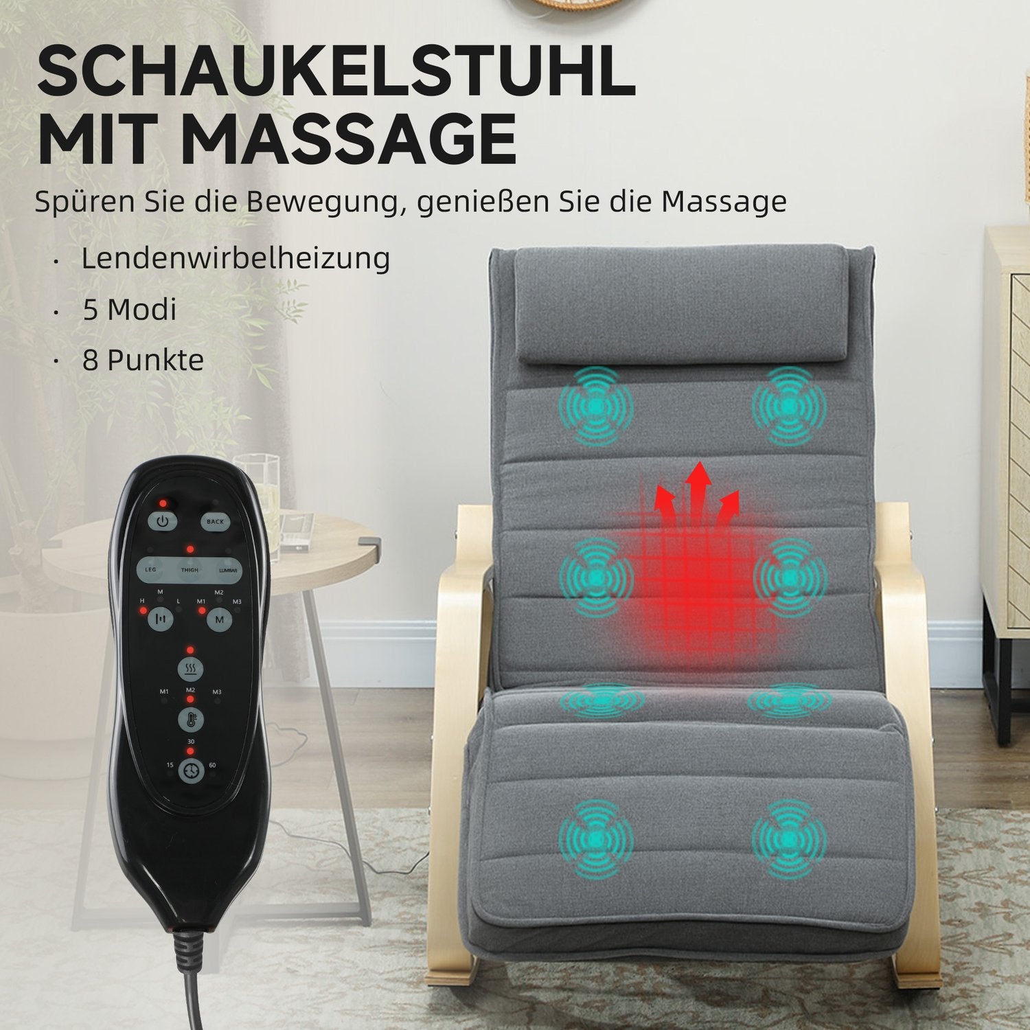 Massage gungstol med ländryggsvärme, 3 lägen, grå