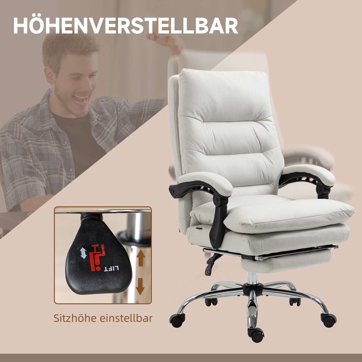 Massagekontorsstol, 135° lutning, justerbar höjd, kräm