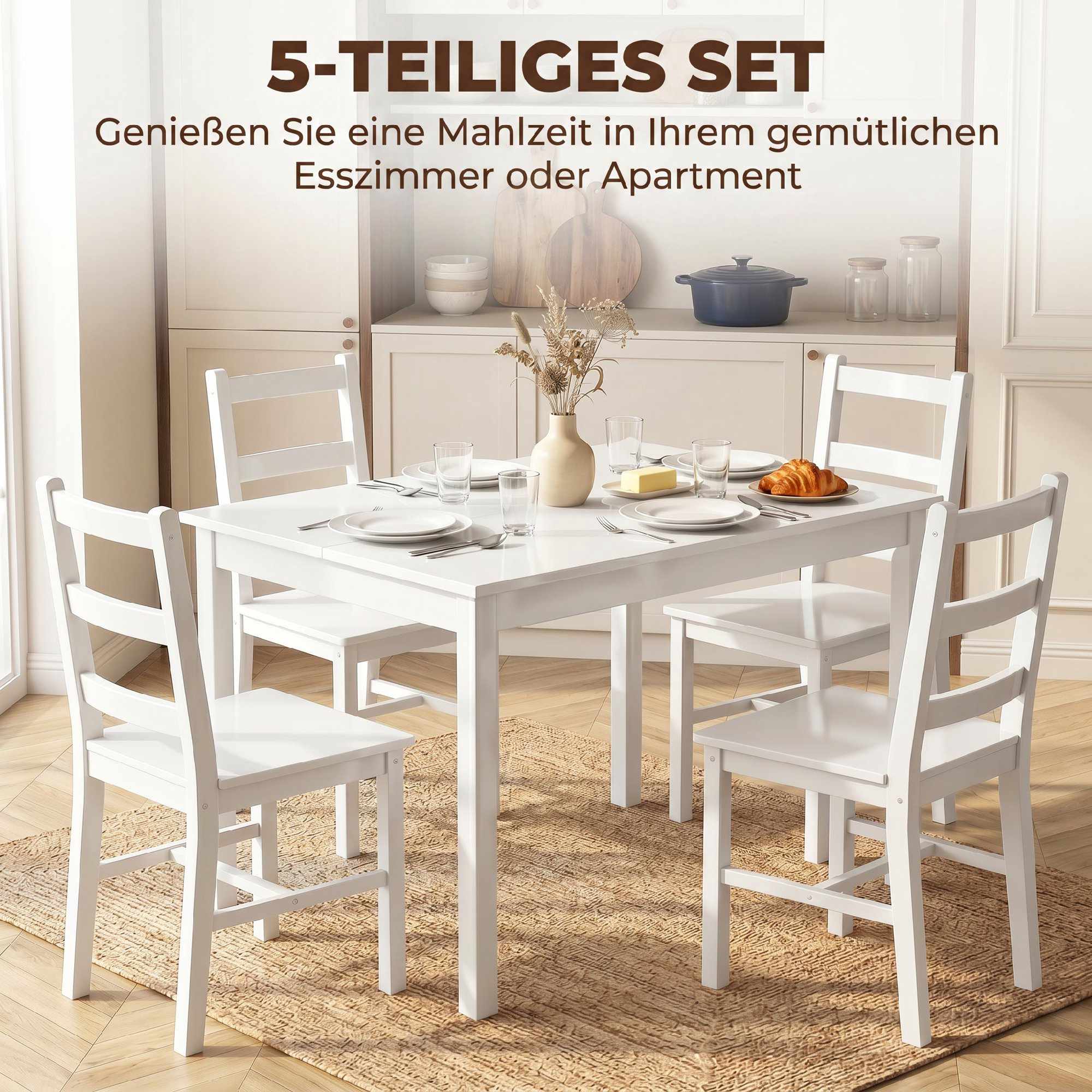 Matbordsset, 5 delar massiv furu, vit, plats för 4