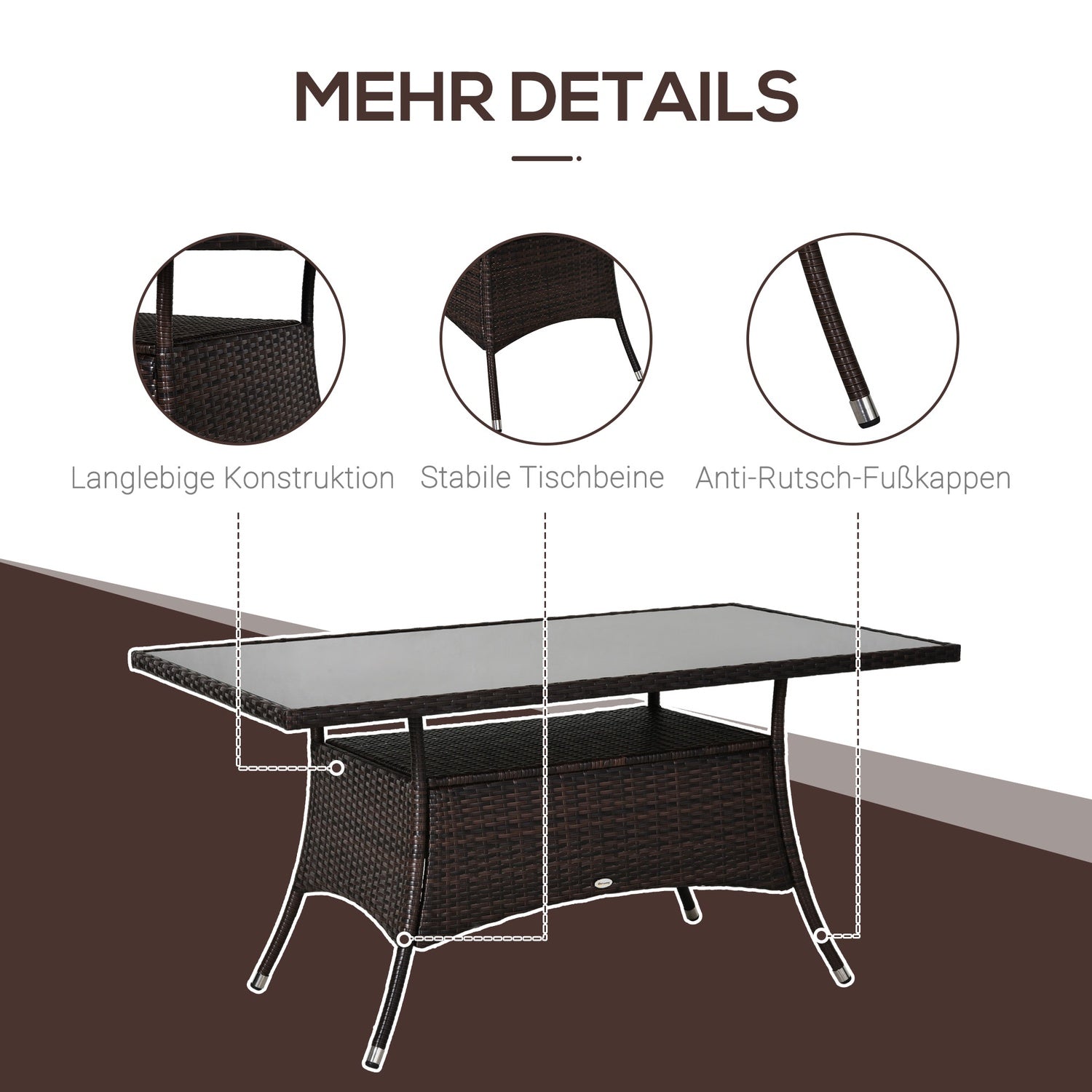 Matbord utomhus – Glas & Polyrattan, Brun & Svart, 150x85cm