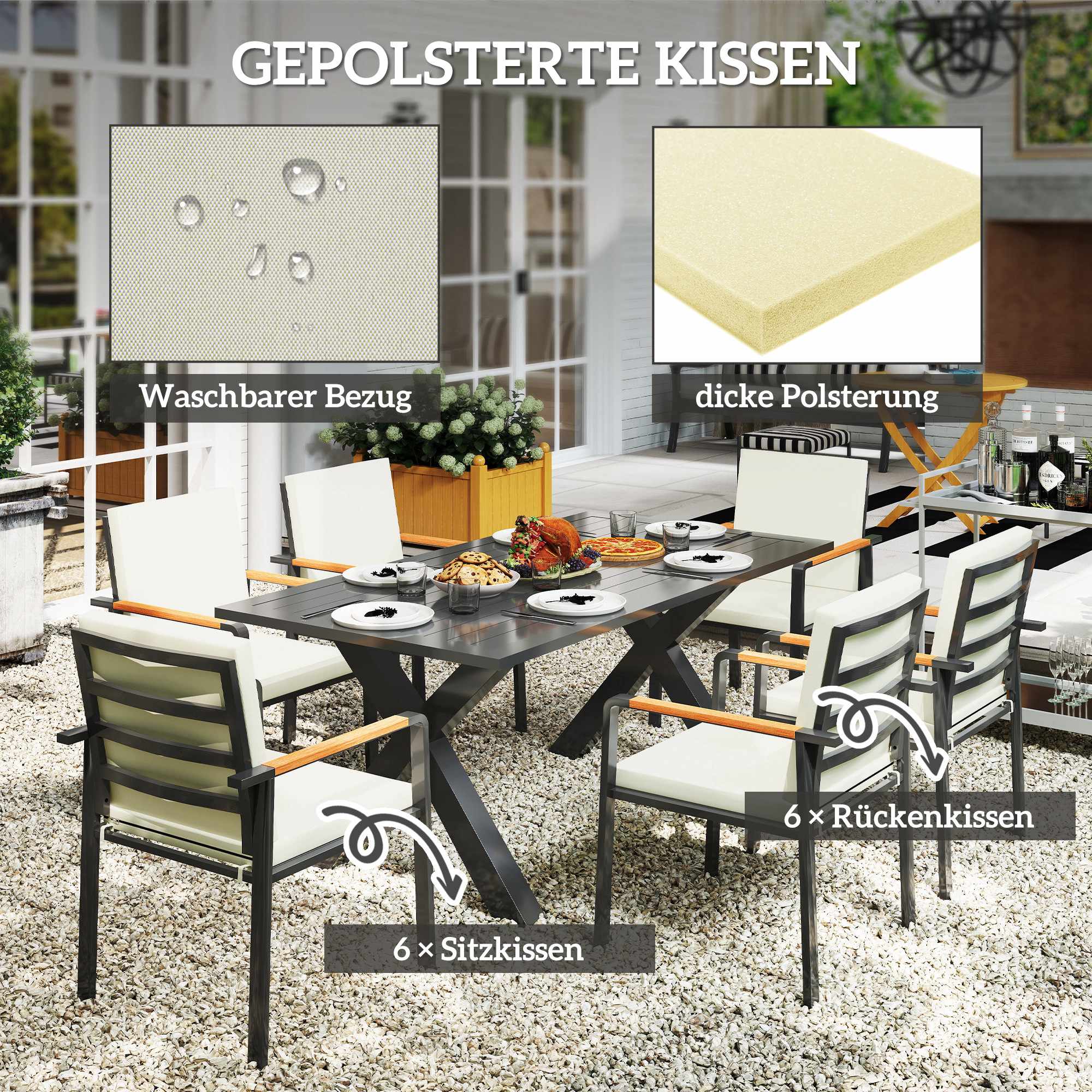 Matgrupp för 6 personer, väderbeständig, svart/grå