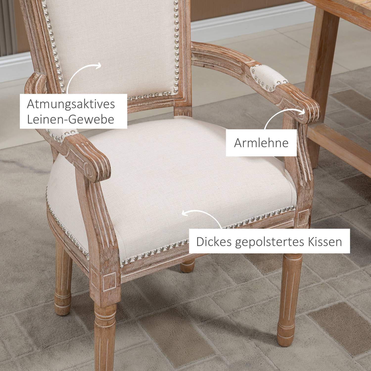 Matsalsfåtölj med linneklädsel, vintagedesign