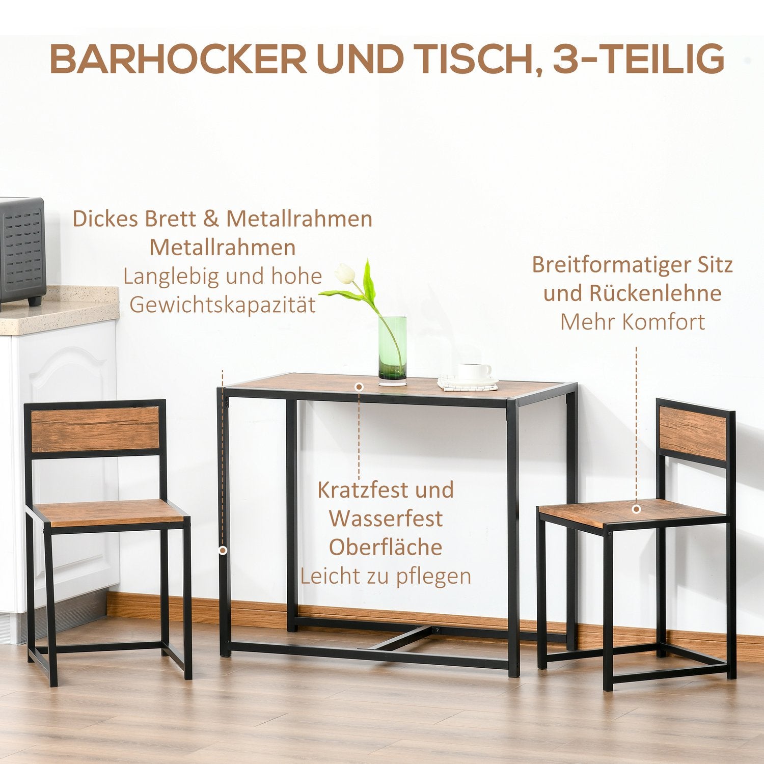 Matsalsset: bord med 2 metallstolar, naturlig finish