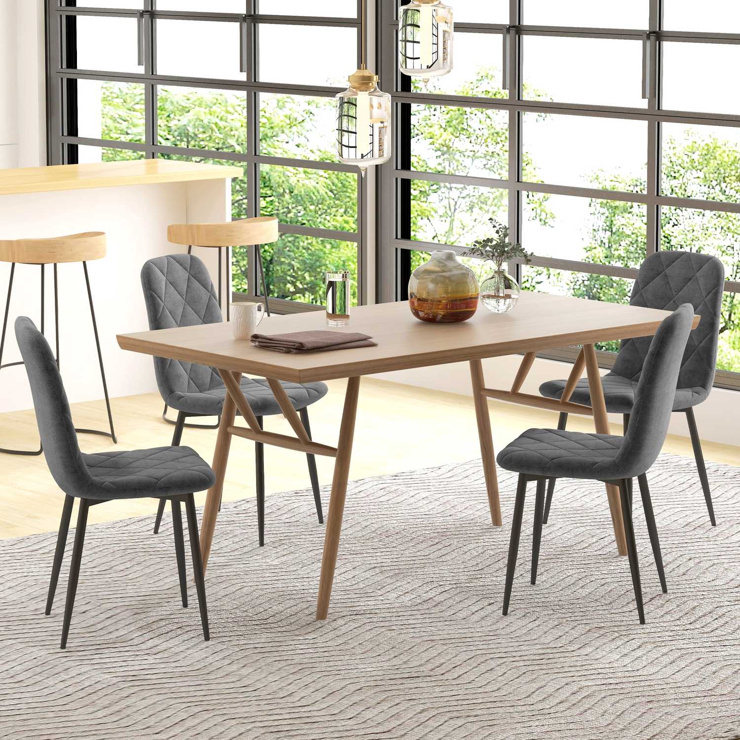 Matsalsstolar, set om 4 köksstolar med ryggstöd, sammetslook, stoppade stolar med metallben, för matbord, grå