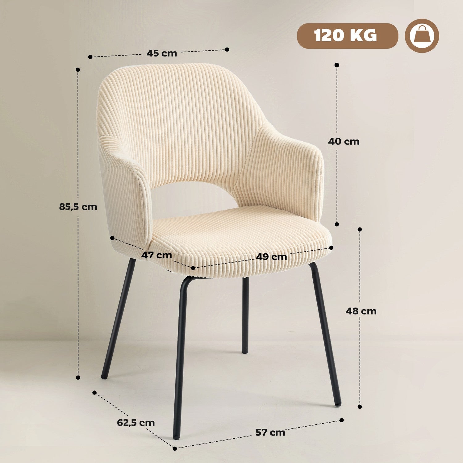 Matstol, sladdklädsel, snäckformad, metallben, beige