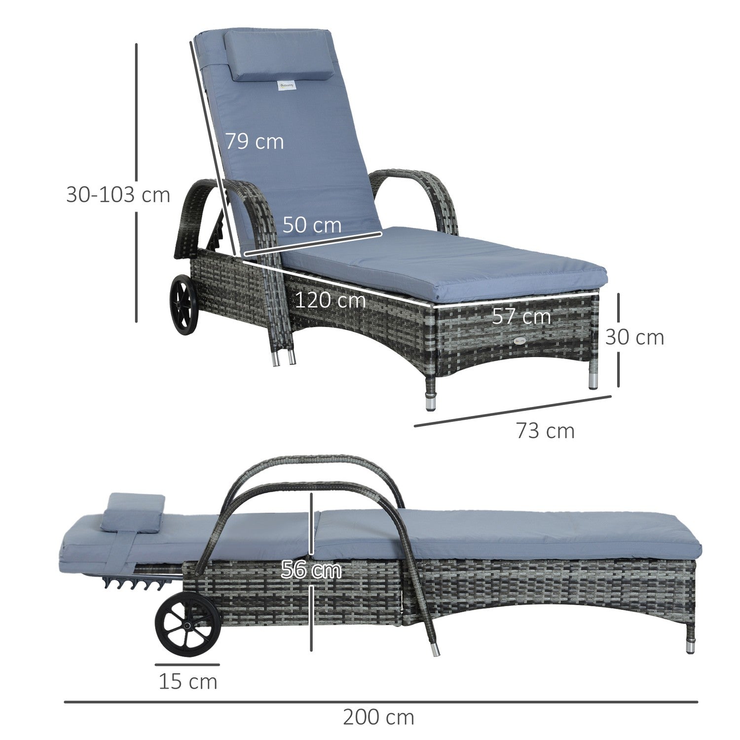 Mobil grå trädgårdsstol med kudde, polyrattan & metall