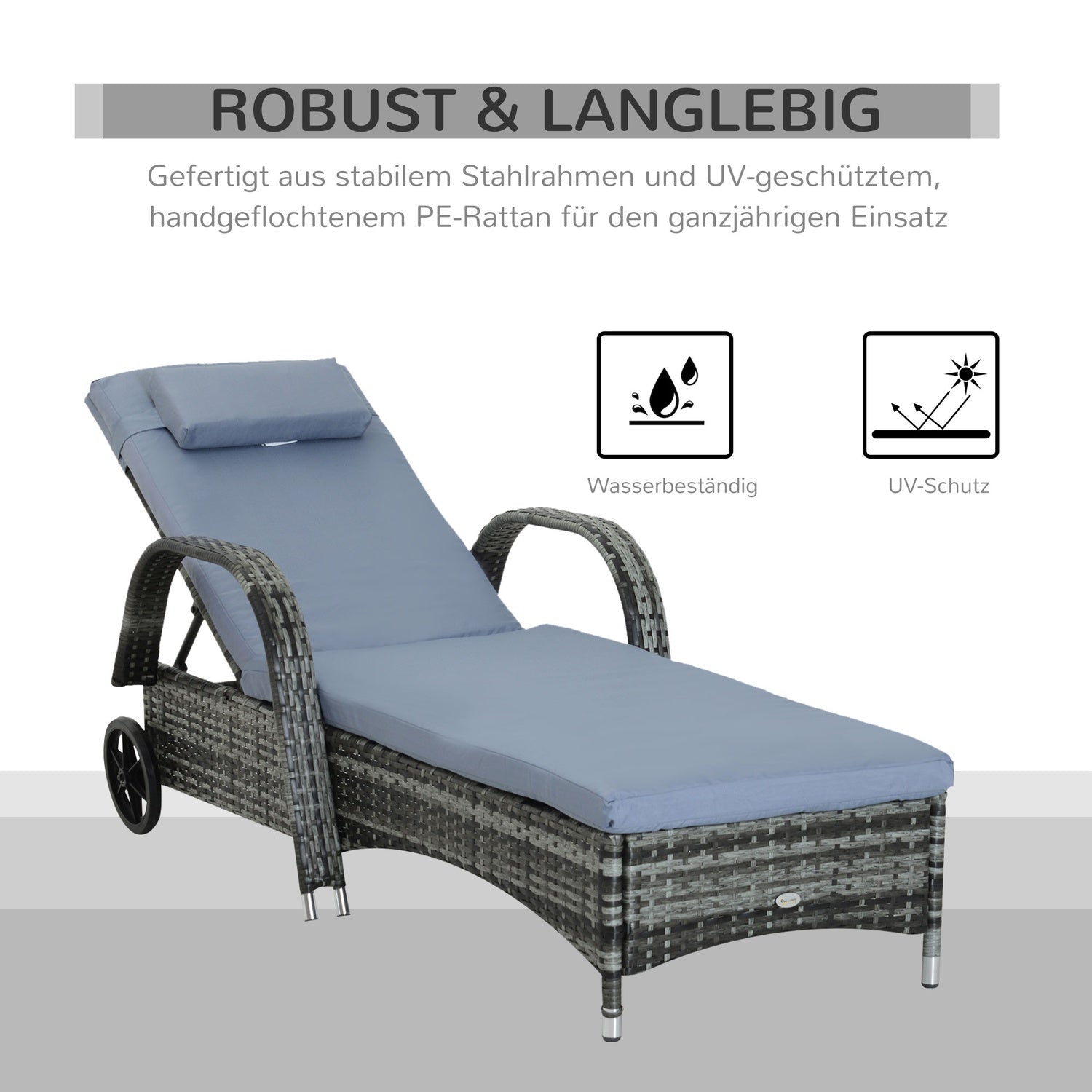 Mobil grå trädgårdsstol med kudde, polyrattan & metall