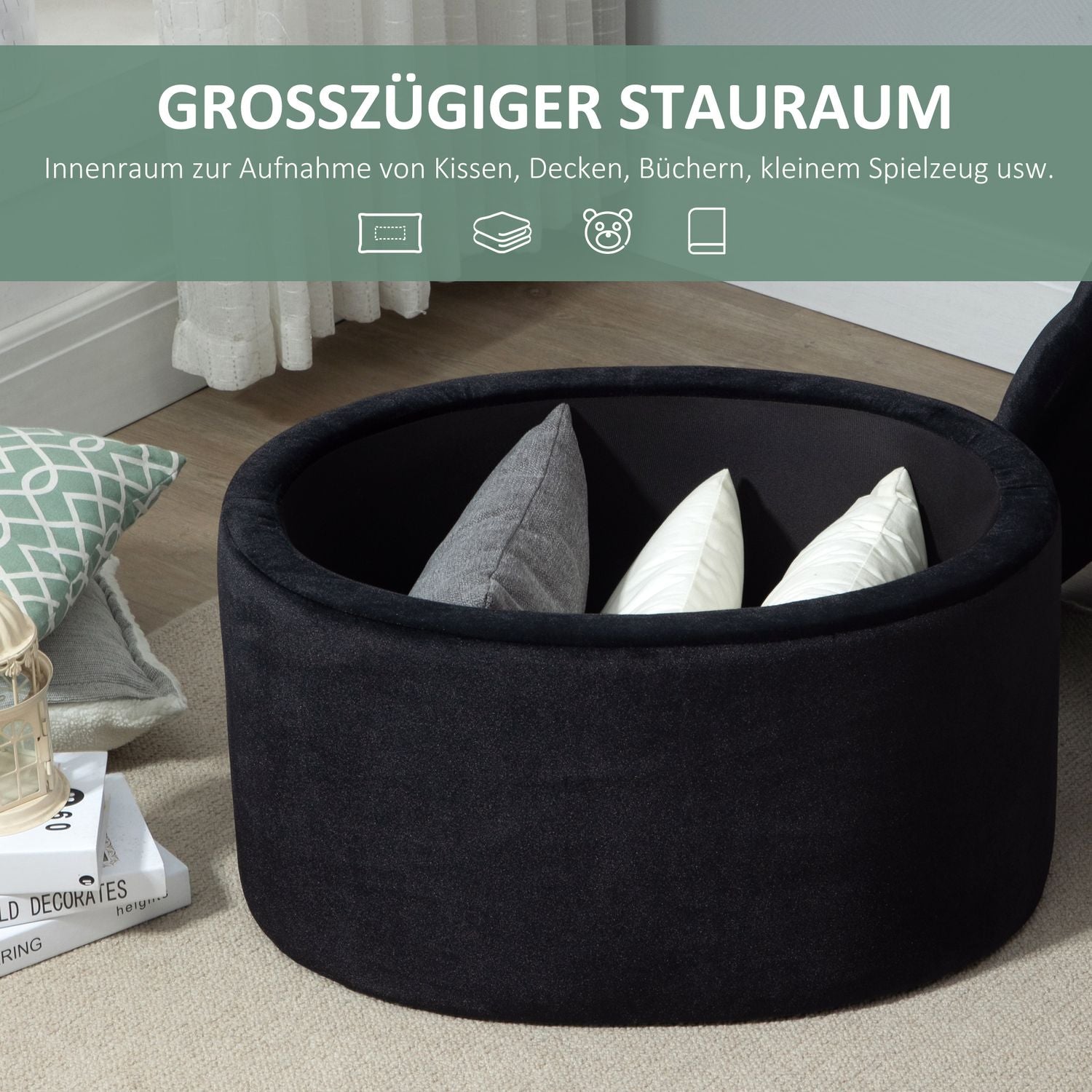 Modern svart oval bänk – stoppad förvaring, sammetslen finish