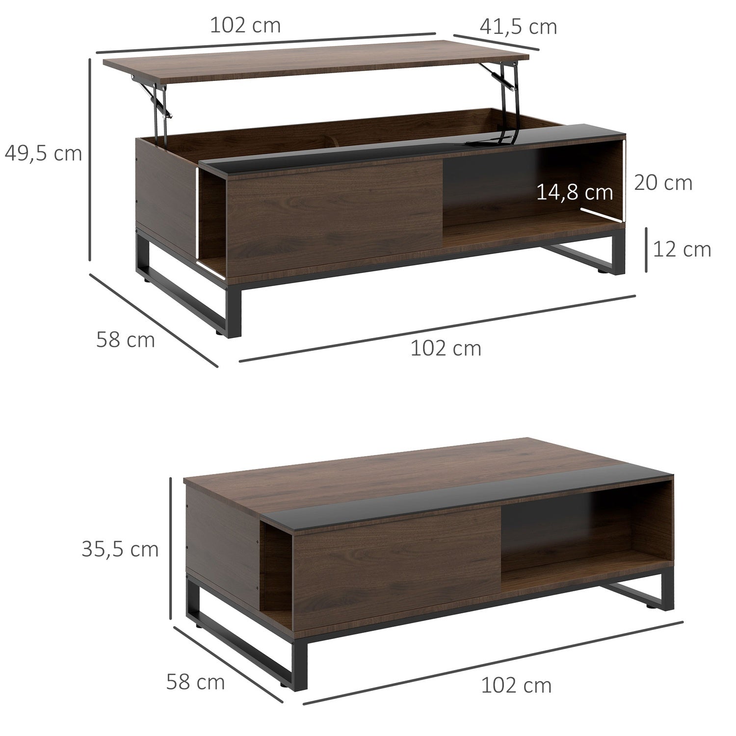 Modernt soffbord i svart stål med förvaring, 102x58x35,5 Cm