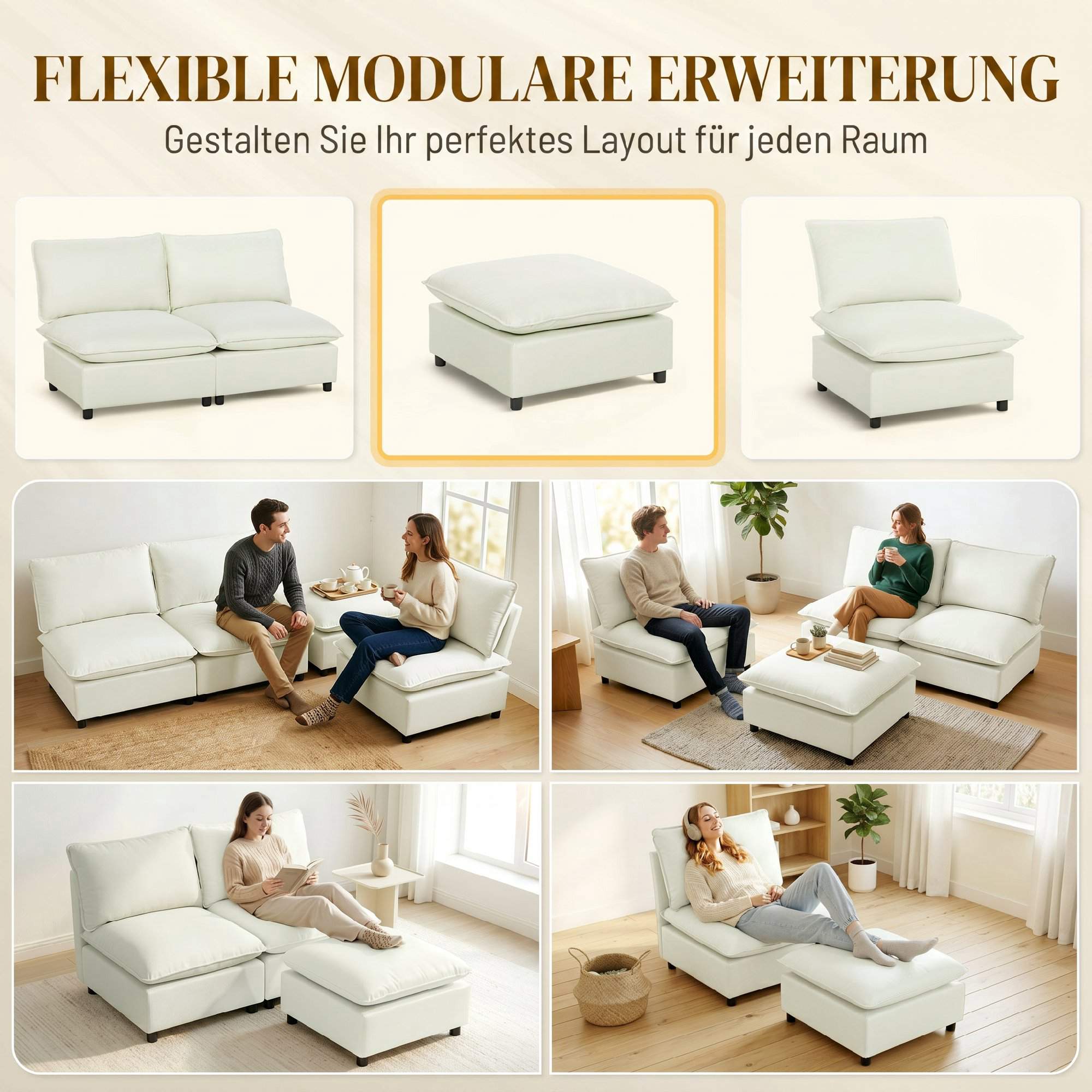 Modern tygfotpall med plastben, 75 cm, krämvit