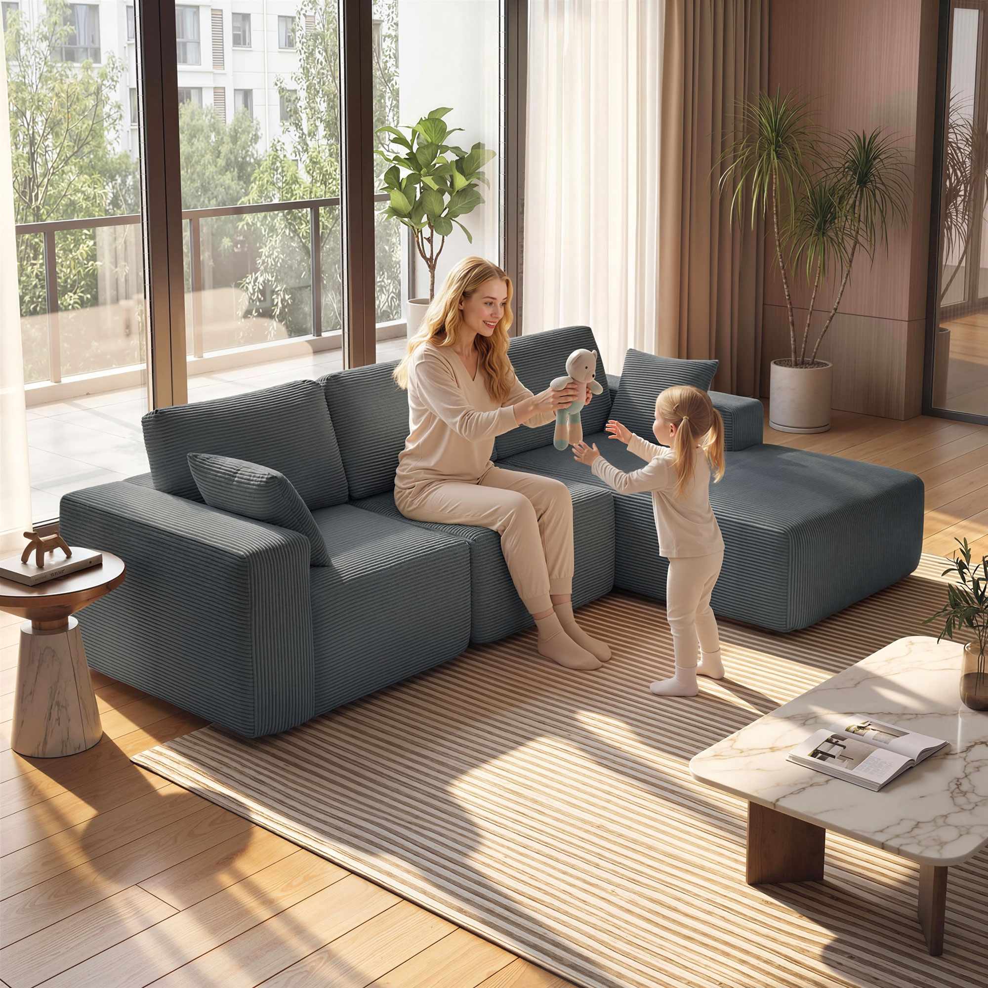Modulär L-formad bäddsoffa, djup sits, manchester, mörkgrå
