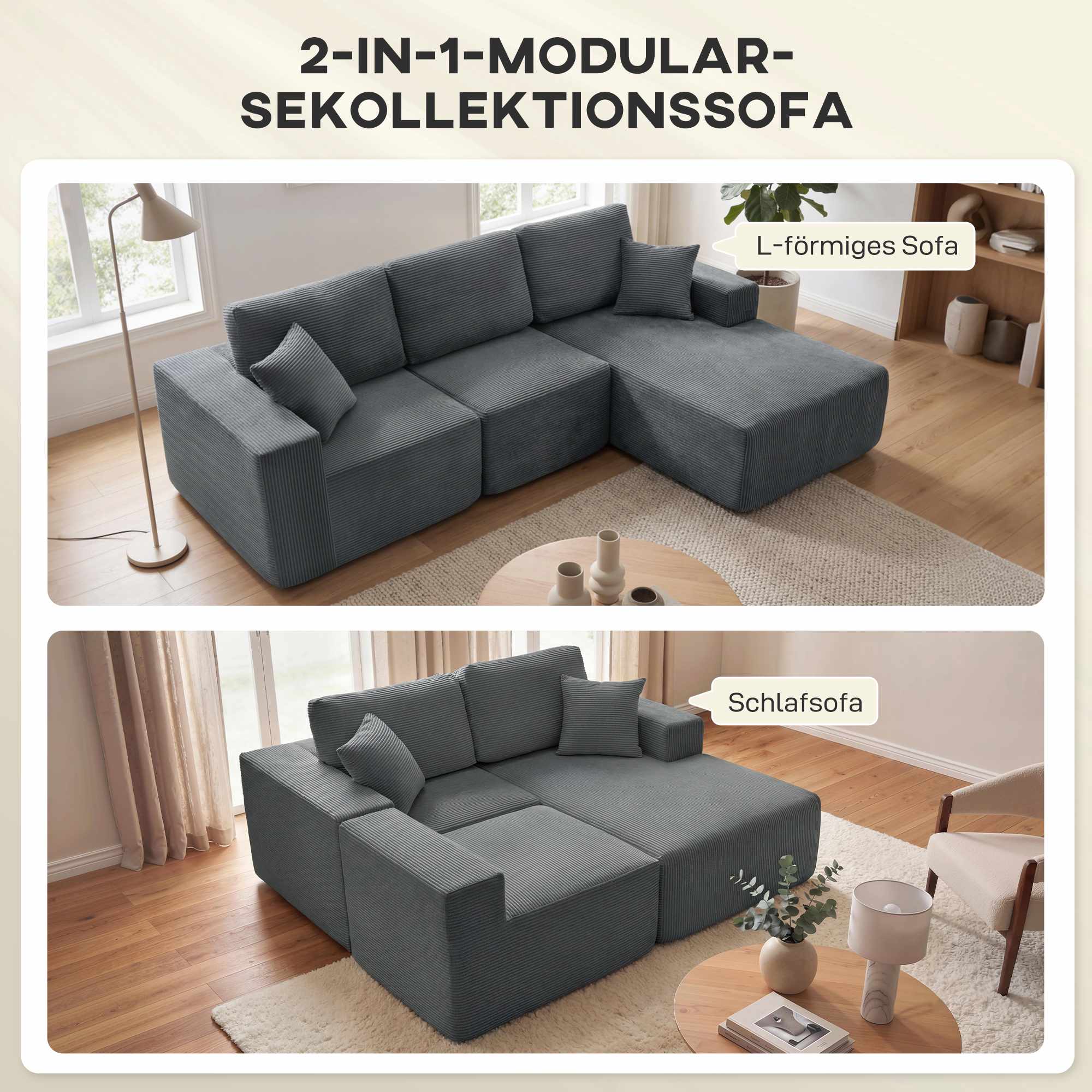 Modulär L-formad bäddsoffa, djup sits, manchester, mörkgrå