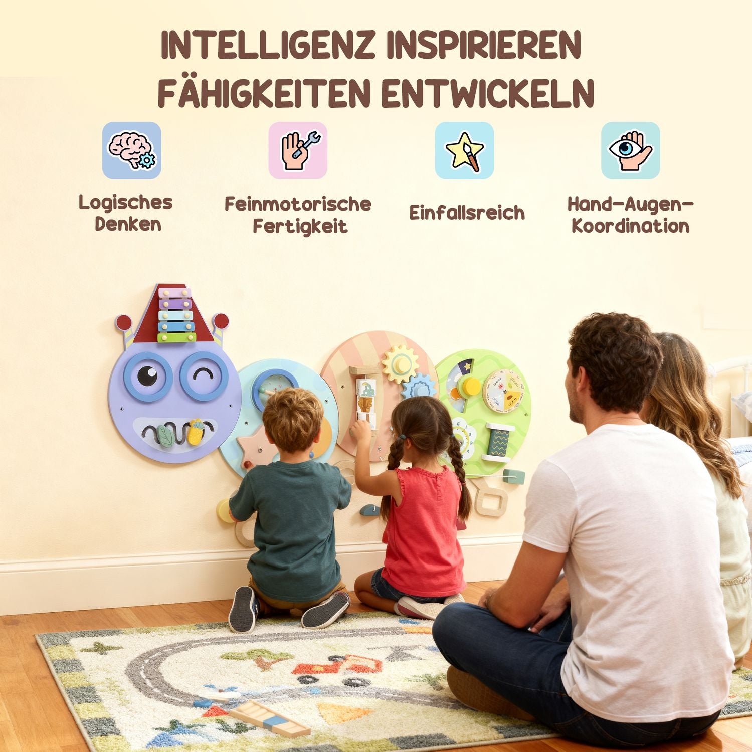 Montessori Busy Board – 7-i-1 Väggleksak, Xylofon, Kugghjul, 108 cm