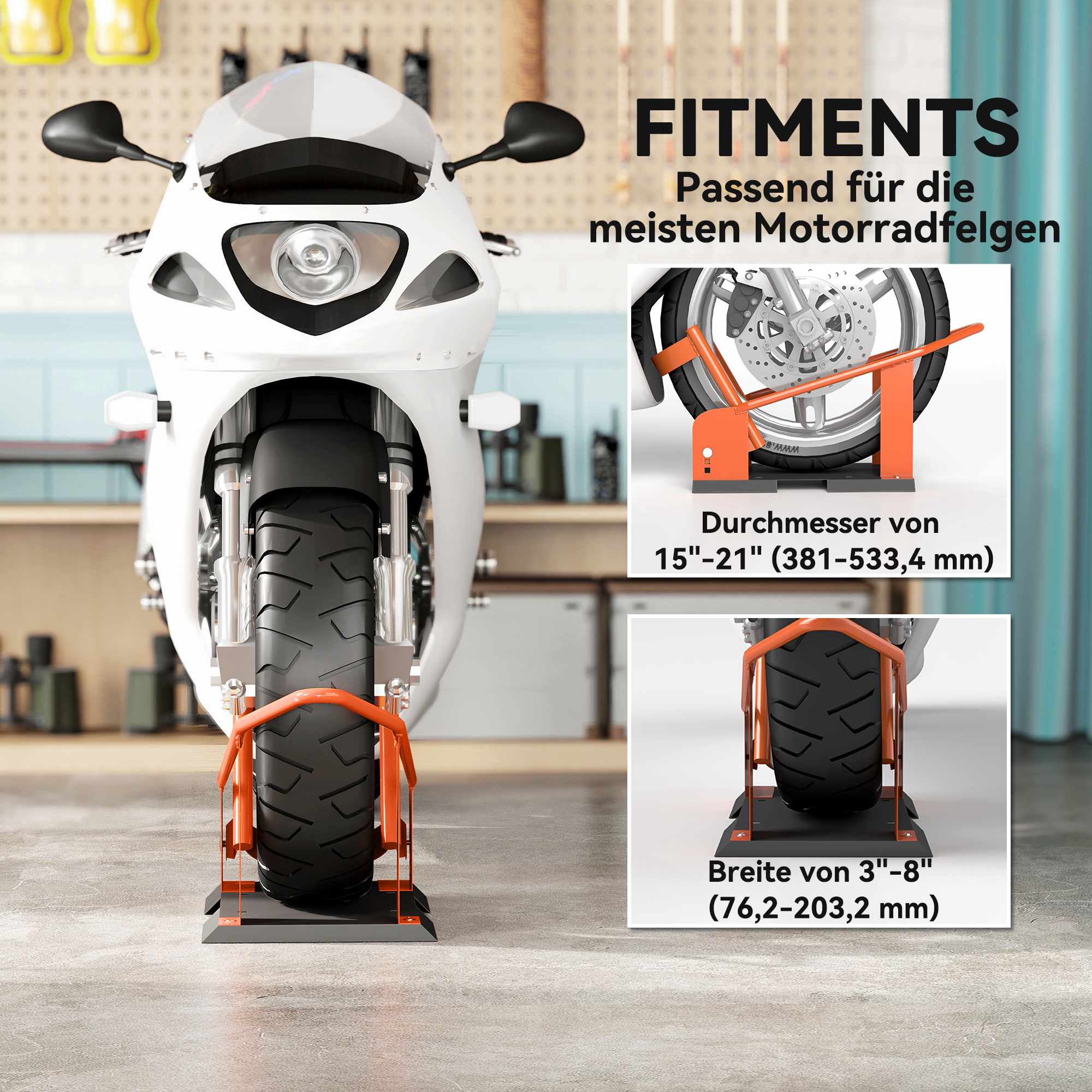 Motorcykelhjulskloss, justerbar, stål, 816,5 kg kapacitet