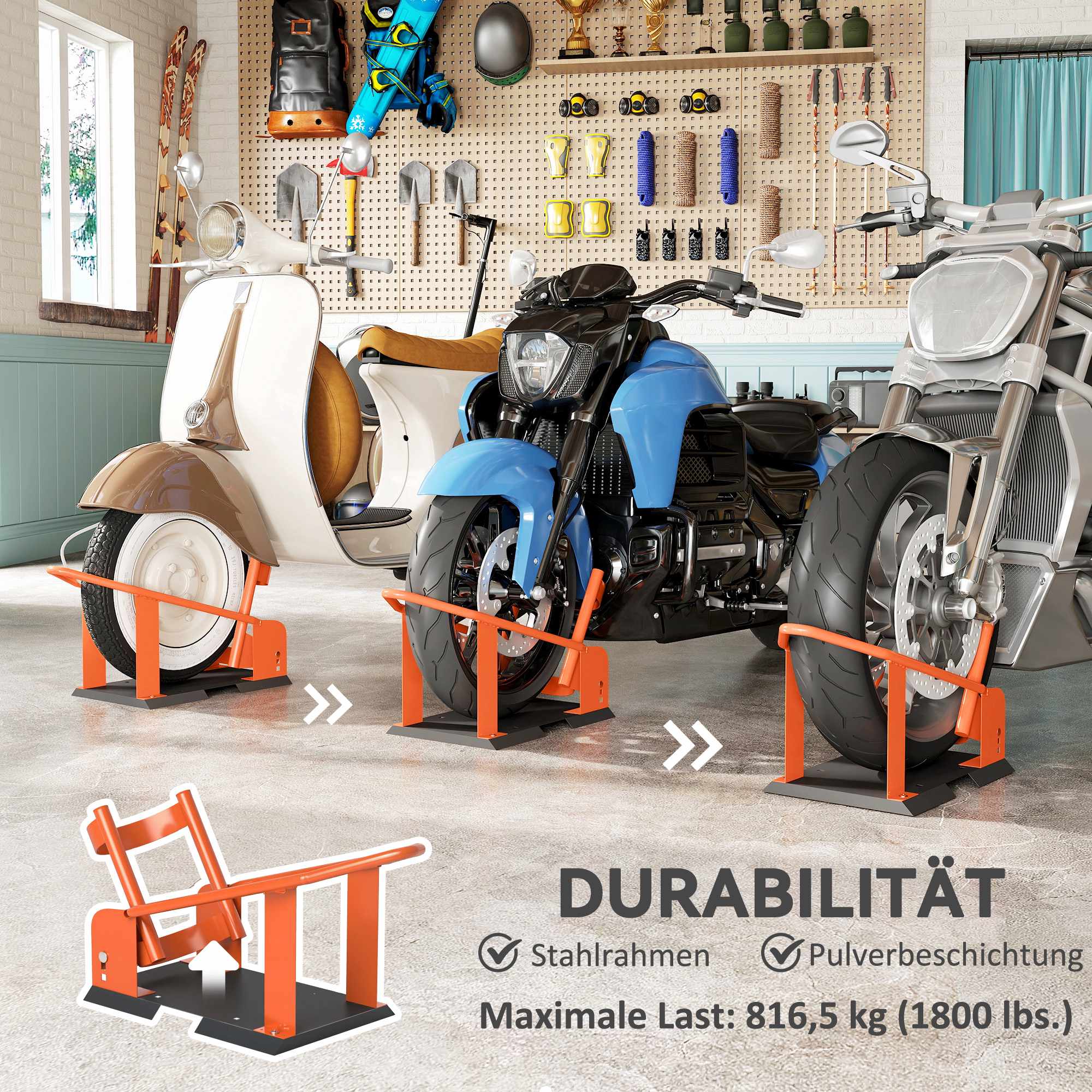 Motorcykelhjulskloss, justerbar, stål, 816,5 kg kapacitet