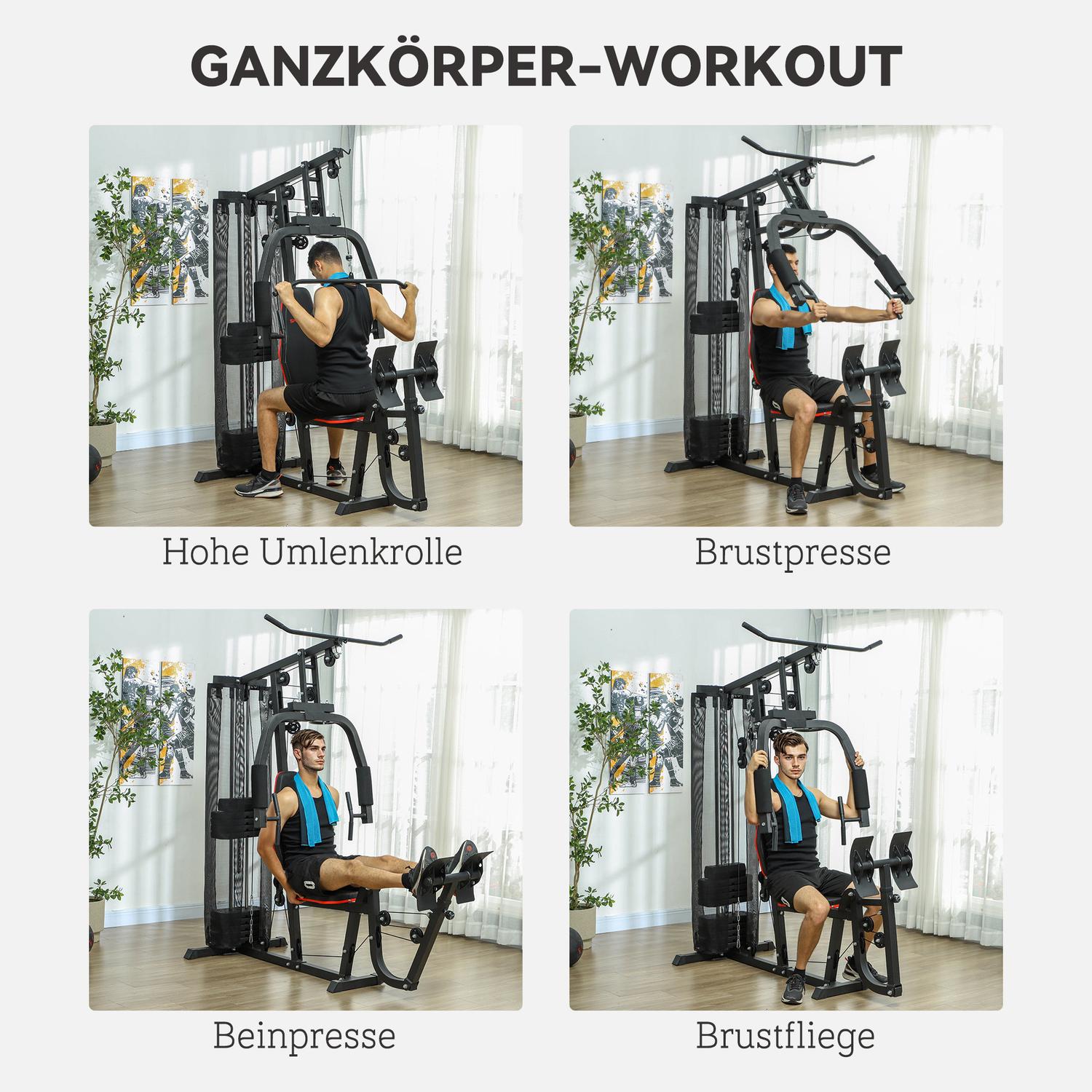 Multifunktionell fitnessstation med benpress och 45 kg vikter