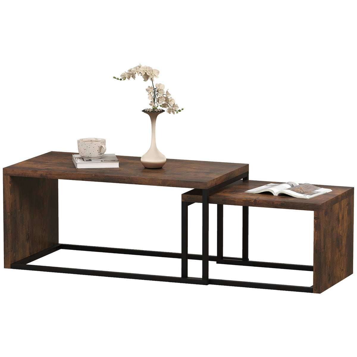 Ensemble de tables basses multifonction – piètement en métal noir et marron
