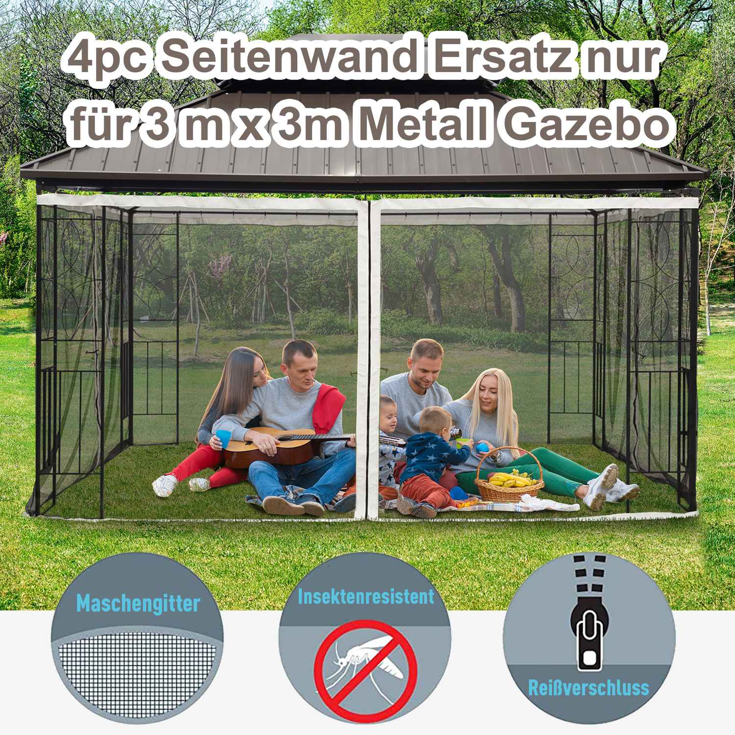 Myggnät Gazebo – Svart, 3x3m, Zip Nylon Mesh, 4 paneler