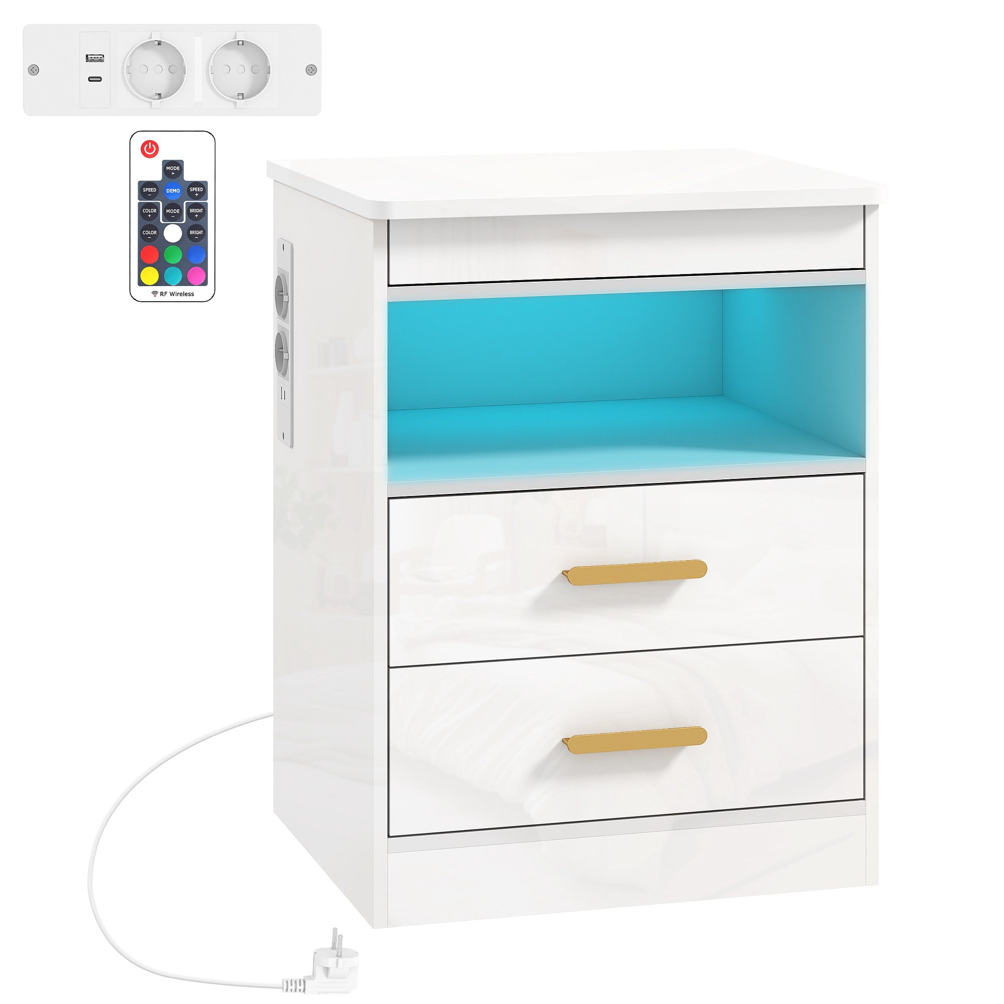 Nattduksbord med laddningsstation, RGB LED, 2 lådor, högblank vit