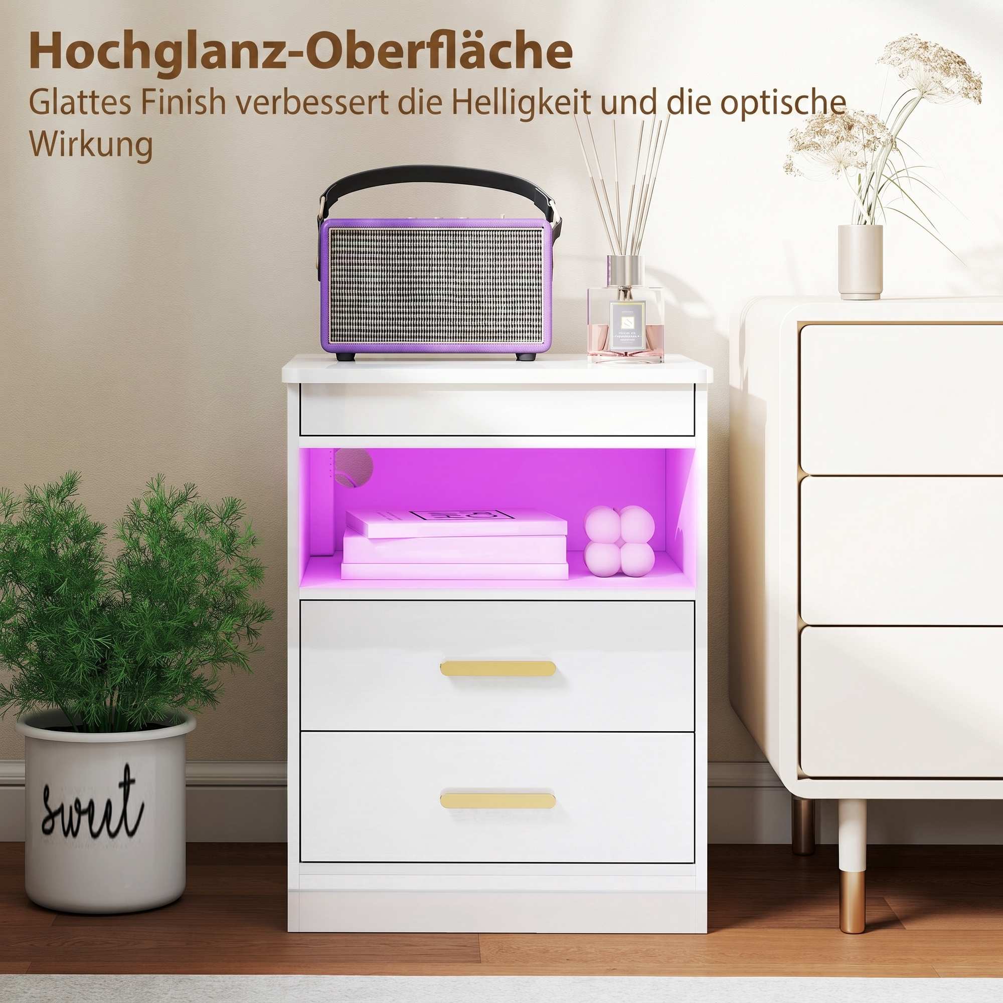 Nattduksbord med laddningsstation, RGB LED, 2 lådor, högblank vit