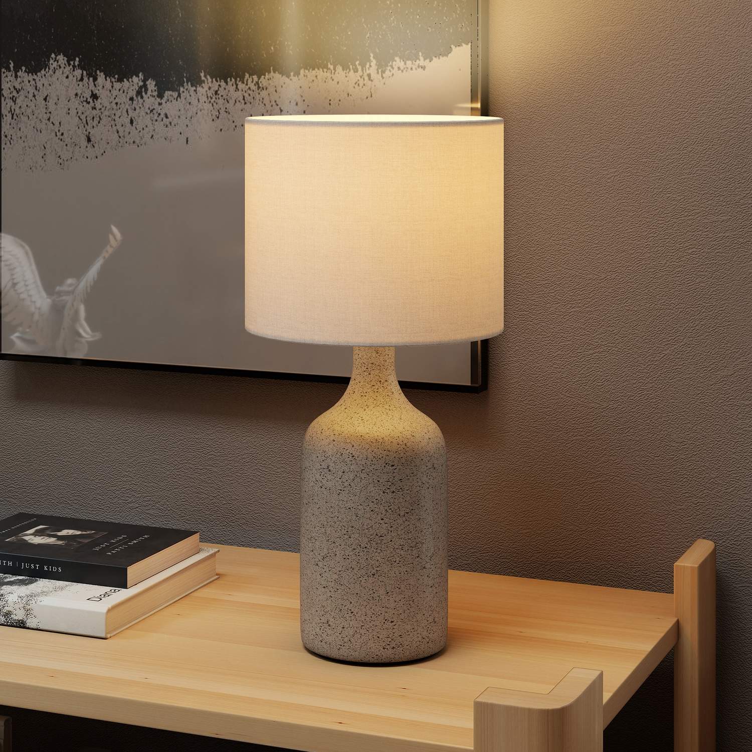Nattduksbordslampa, keramisk fot, linneskärm, 22x45 cm