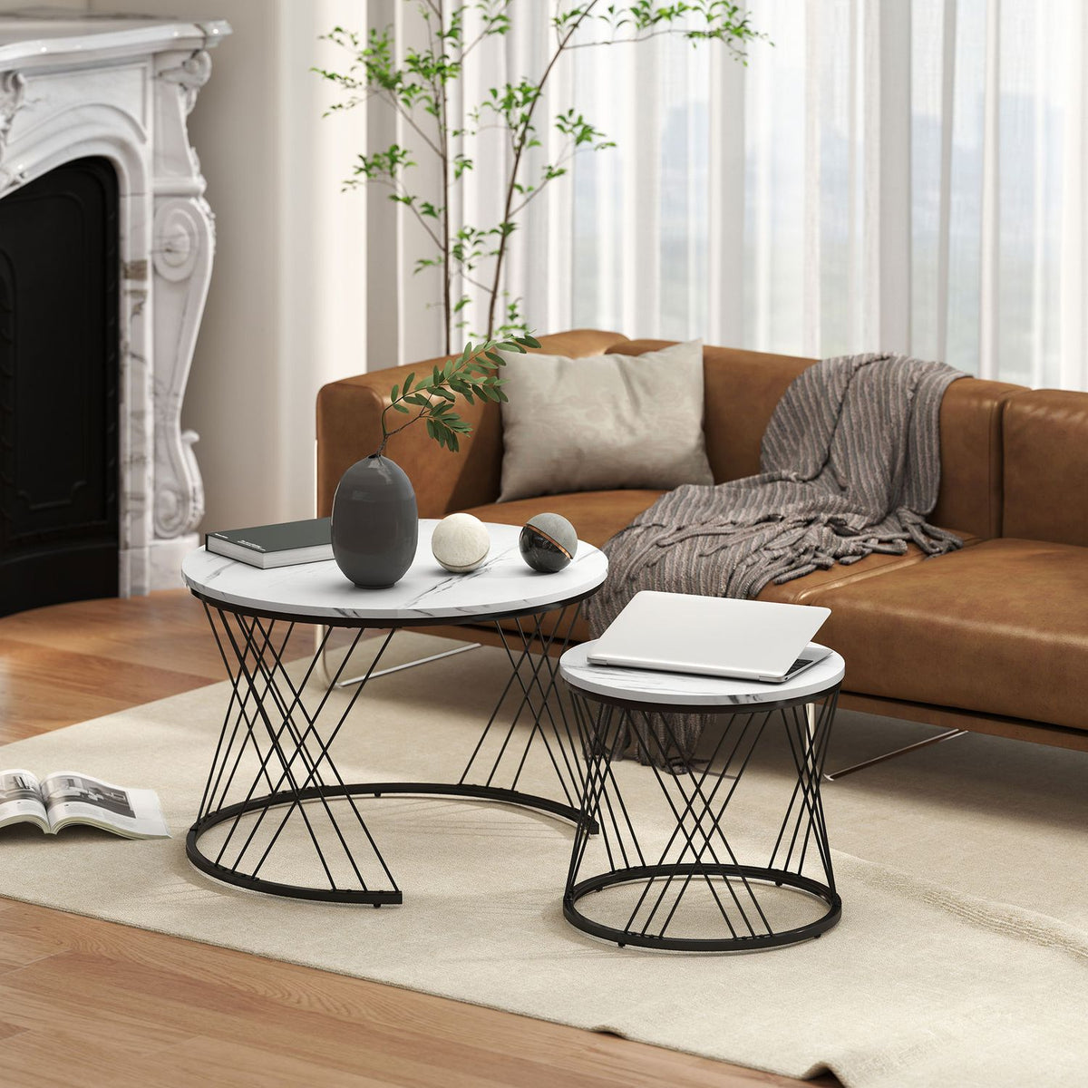 Nestable Soffbordsset, Marble Look, Vit, 2-delat