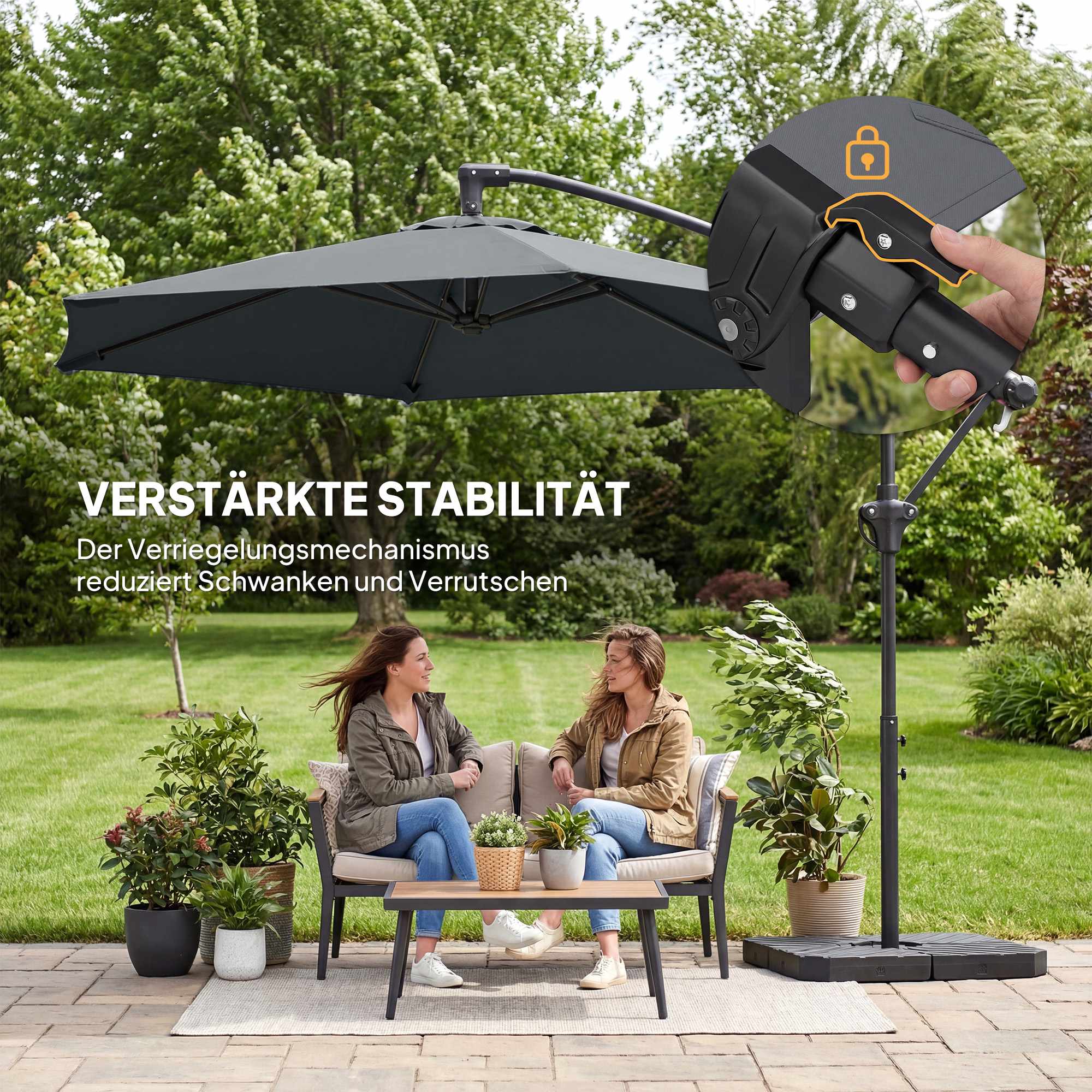 Offset-parasoll, 3 m, mörkgrå, UPF 30+ skydd